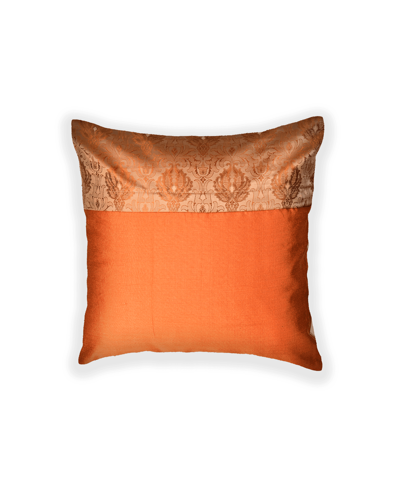 Beige Banarasi Tanchoi Poly Silk Cushion Cover 16" - By HolyWeaves, Benares