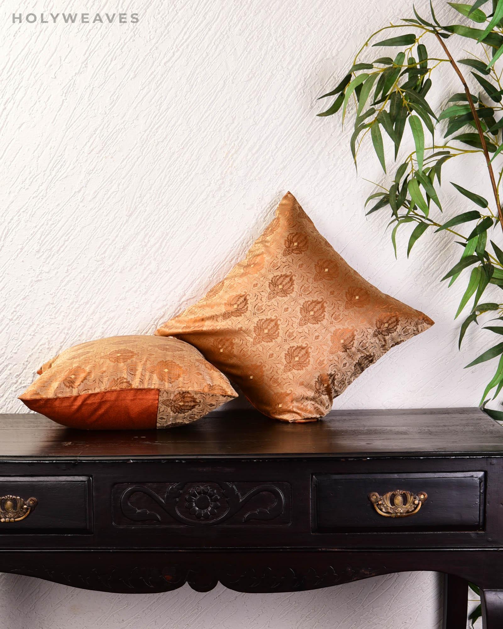 Beige Banarasi Tanchoi Poly Silk Cushion Cover 16" - By HolyWeaves, Benares