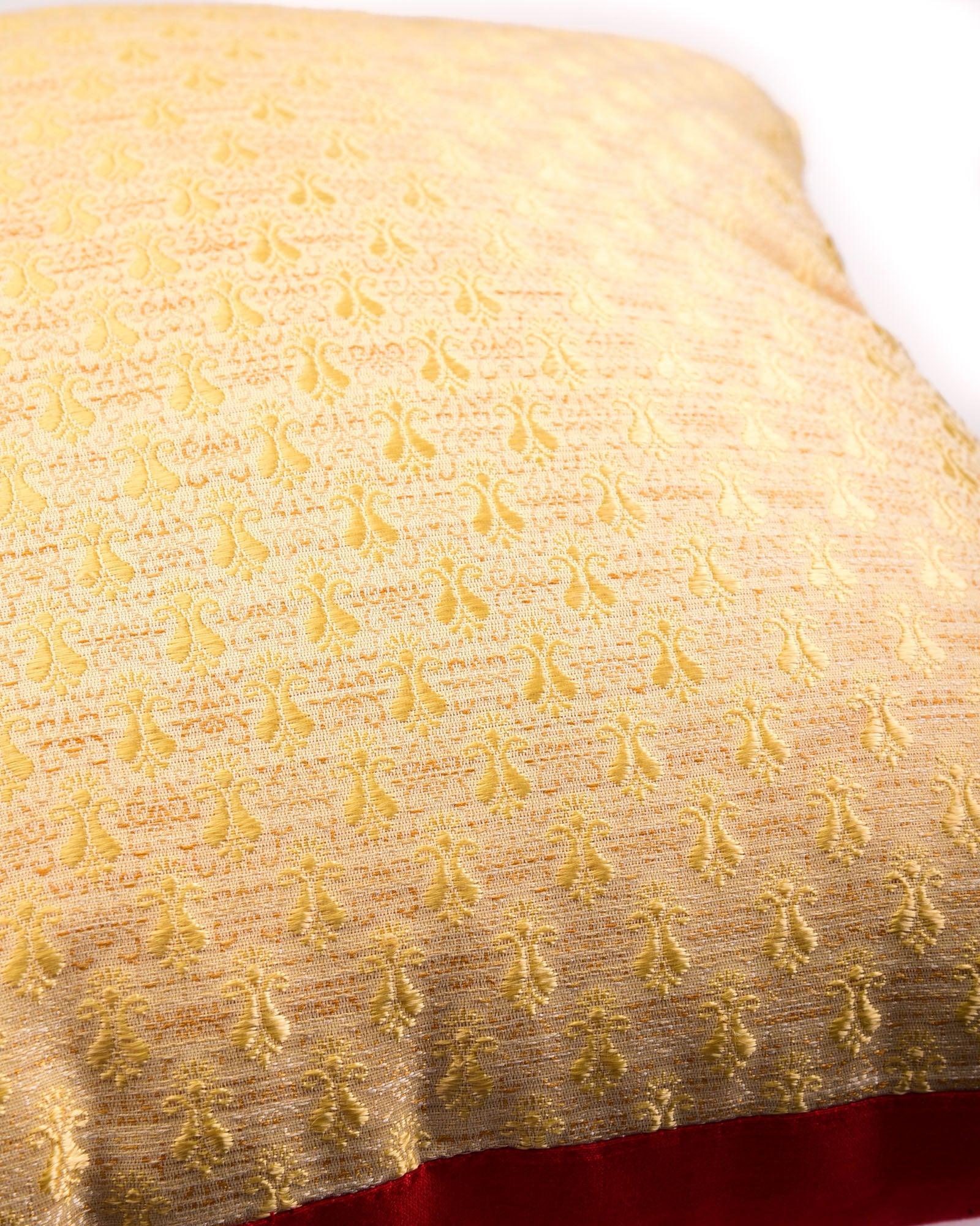 Beige Banarasi Tanchoi Viscose Silk Cushion Cover 16" - By HolyWeaves, Benares