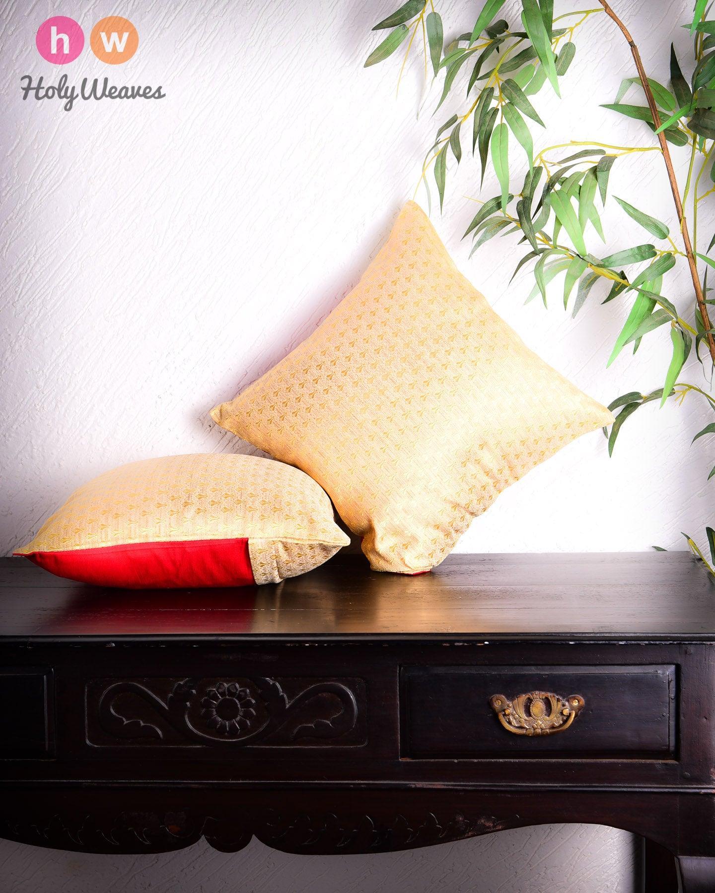 Beige Banarasi Tanchoi Viscose Silk Cushion Cover 16" - By HolyWeaves, Benares