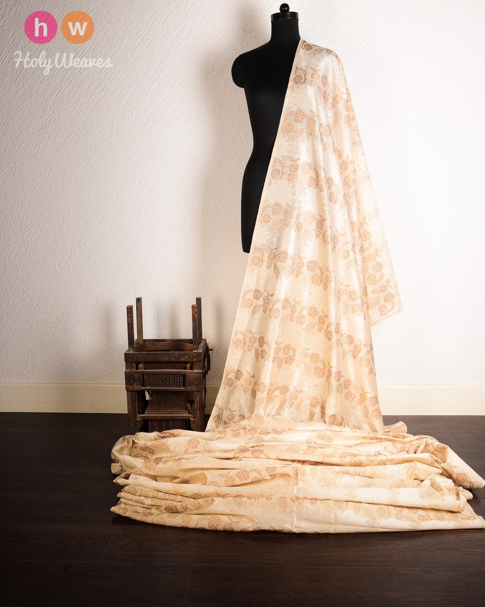 Beige Cutwork Brocade Handwoven Resham Muga Gold-Silver Silk Fabric - By HolyWeaves, Benares