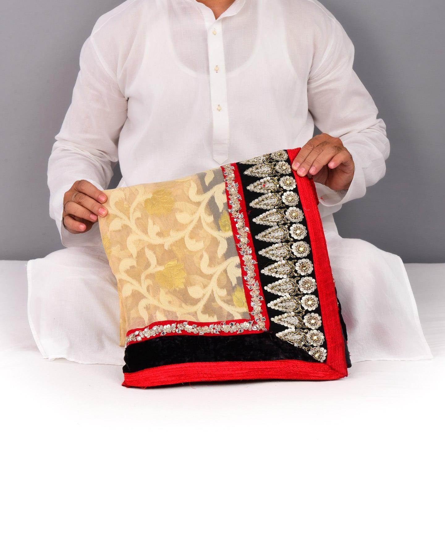 Beige Hand-embroidered Georgette Saree - By HolyWeaves, Benares