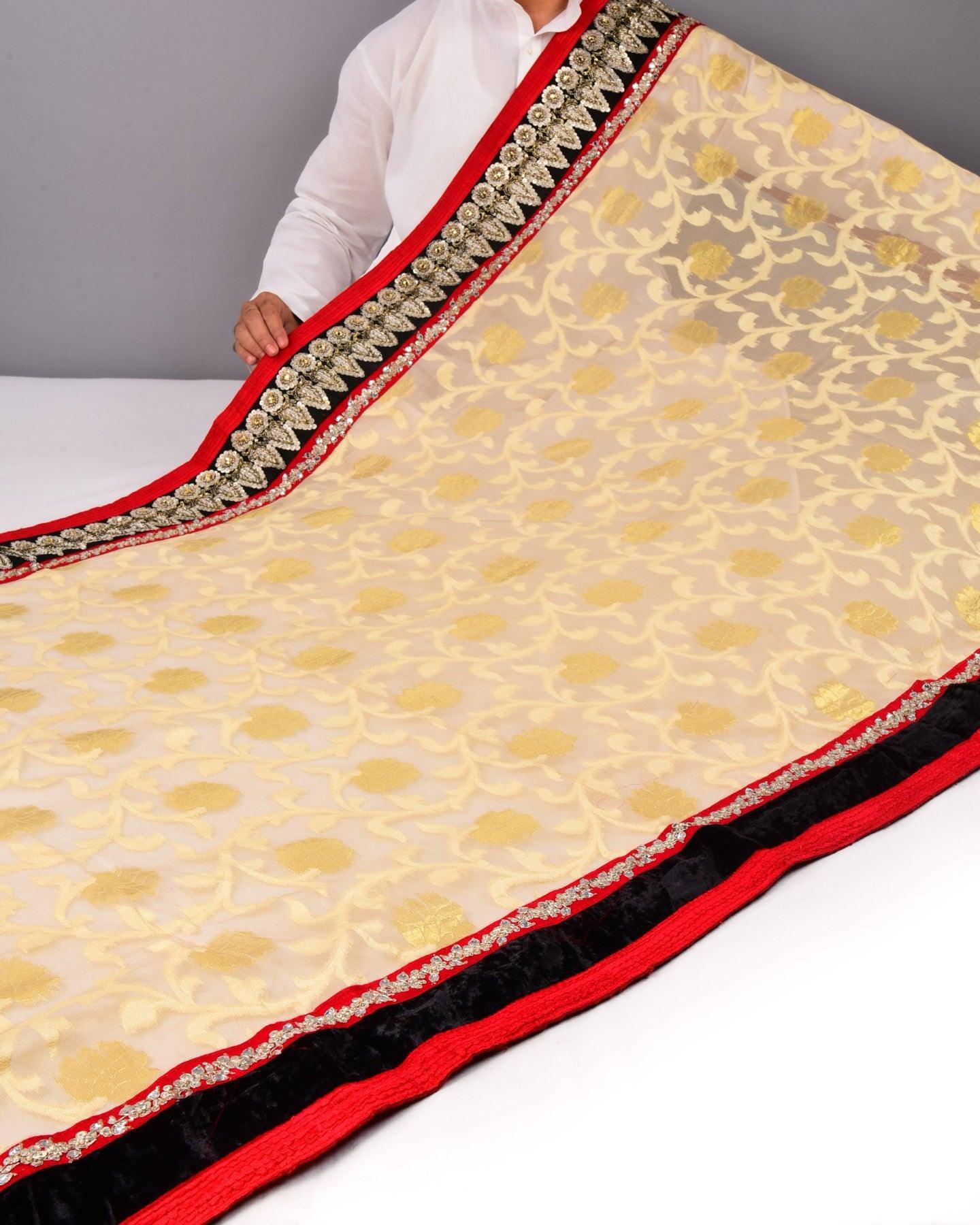 Beige Hand-embroidered Georgette Saree - By HolyWeaves, Benares