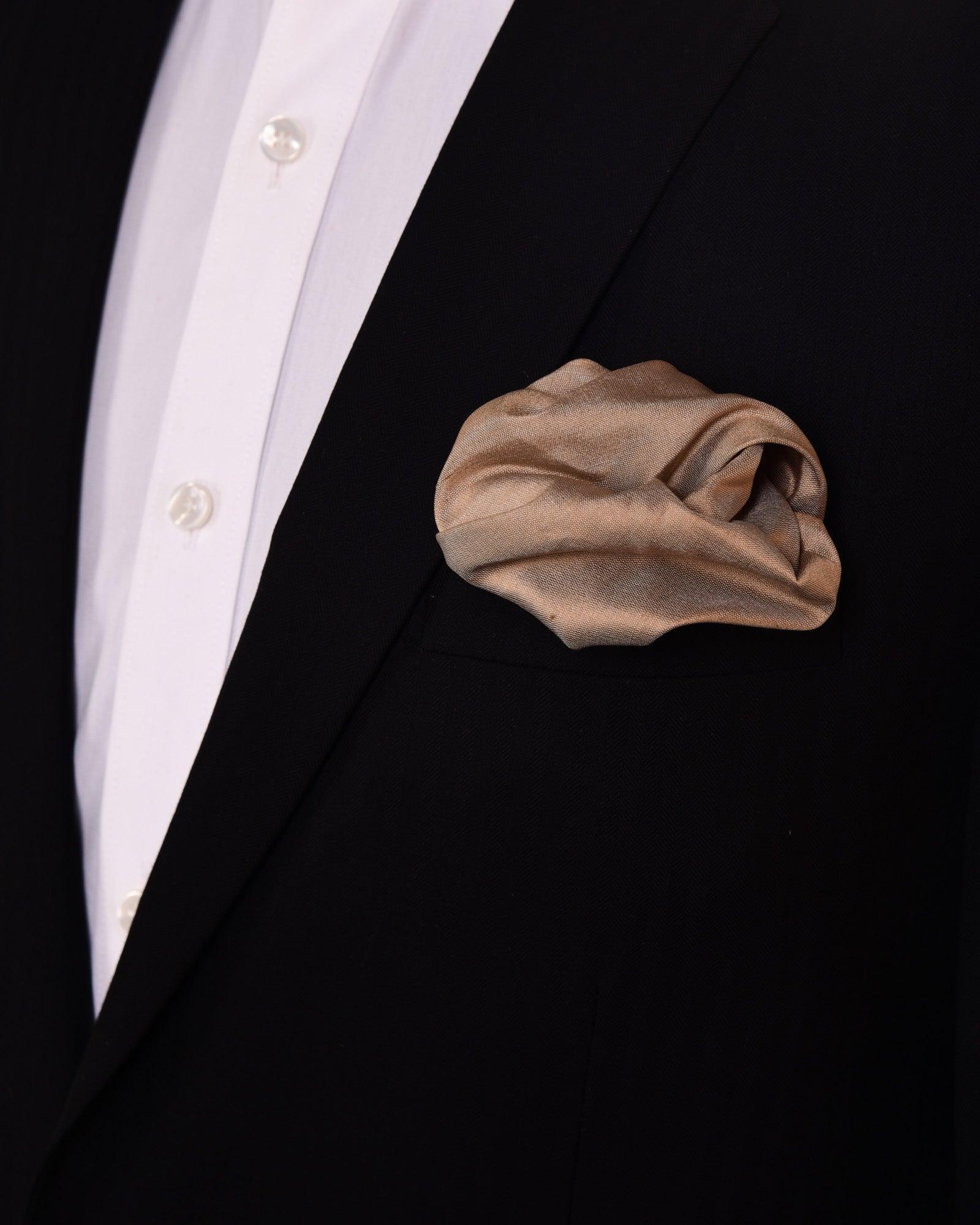 Beige Handwoven Pure Dupion Silk Pocket Square For Men - By HolyWeaves, Benares