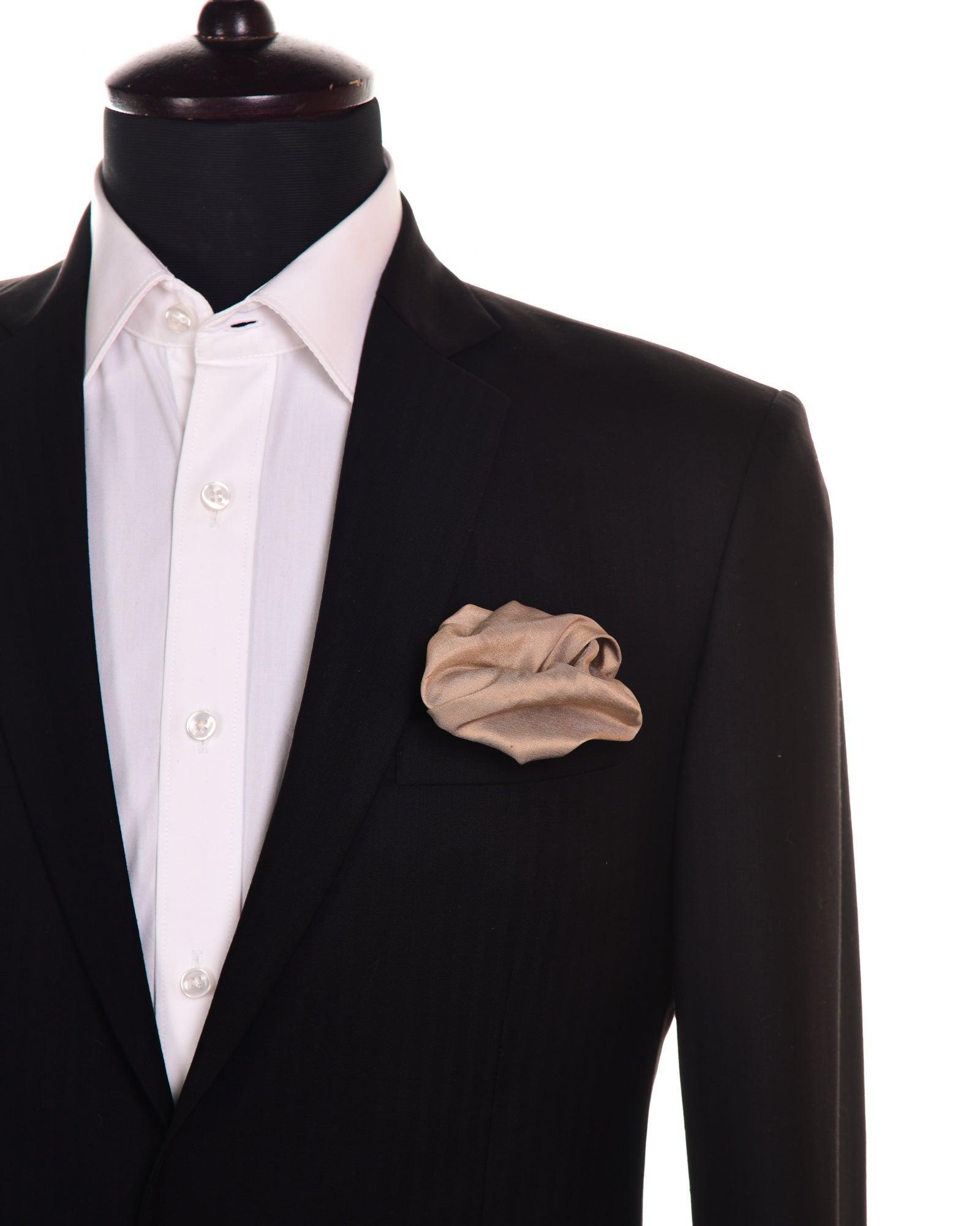 Beige Handwoven Pure Dupion Silk Pocket Square For Men - By HolyWeaves, Benares