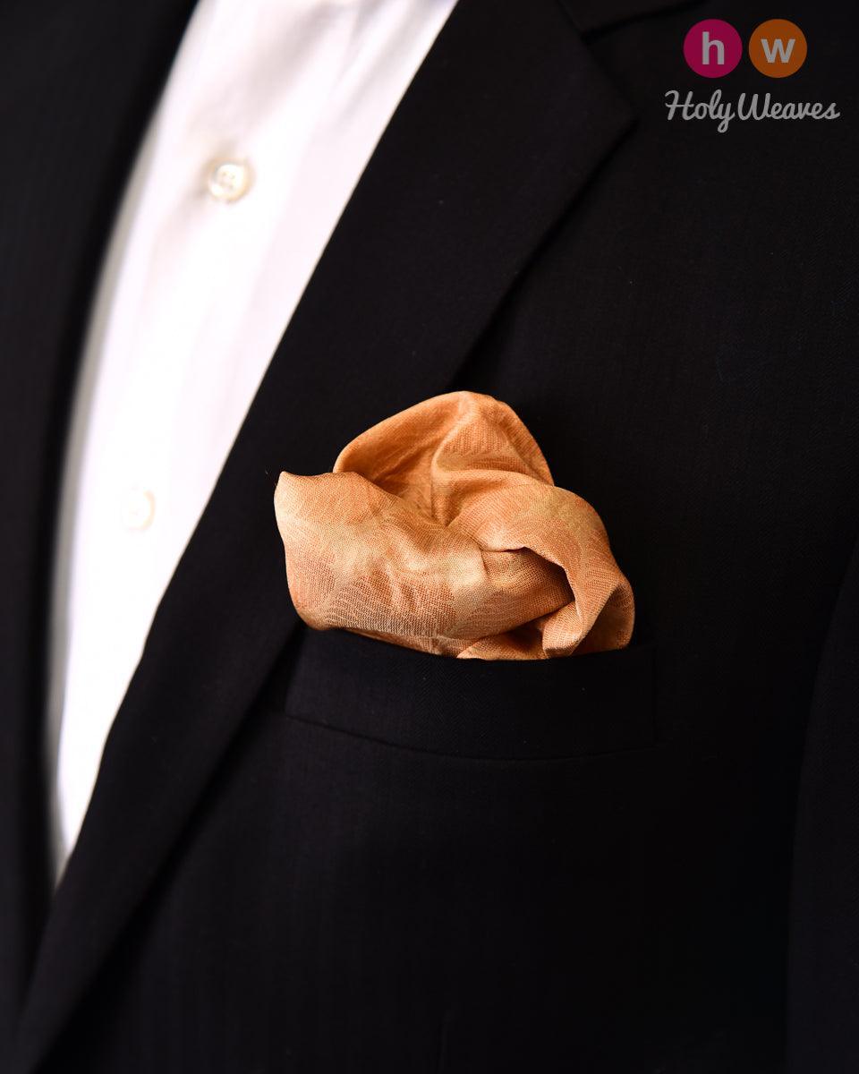 Beige Leaf Tanchoi Handwoven Pure Silk Pocket Square For Men - By HolyWeaves, Benares