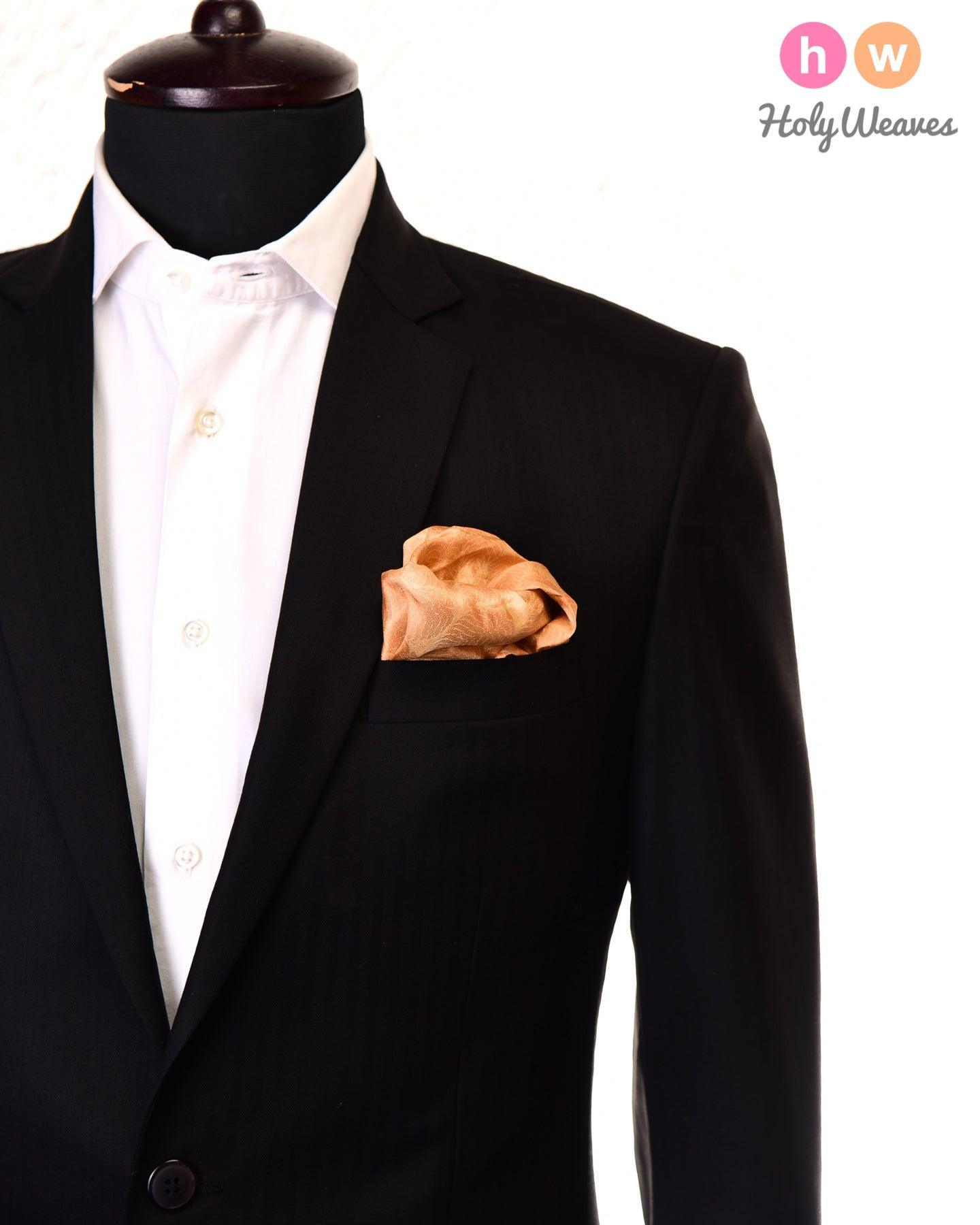 Beige Leaf Tanchoi Handwoven Pure Silk Pocket Square For Men - By HolyWeaves, Benares