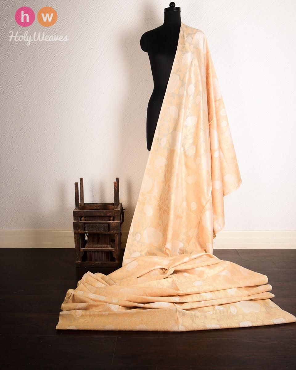 Beige Muga Silk Cutwork Brocade Gold-Silver Alfi (अल्फ़ी) Handwoven Fabric - By HolyWeaves, Benares