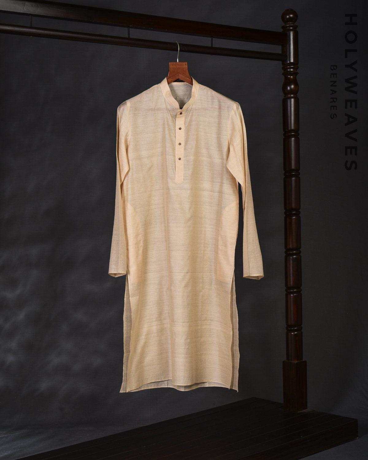 Beige Muga Silk Mens Kurta Pyjama - By HolyWeaves, Benares
