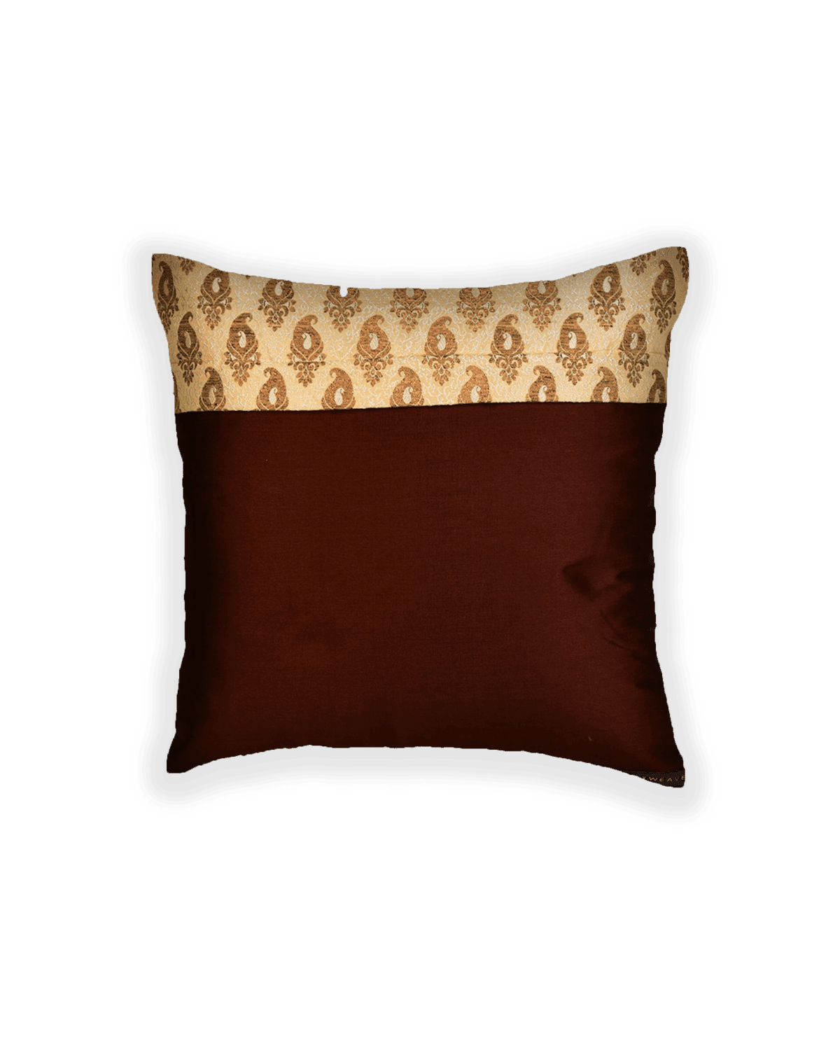 Beige Paisley Brocade Woven Poly Silk Cushion Cover 16" - By HolyWeaves, Benares