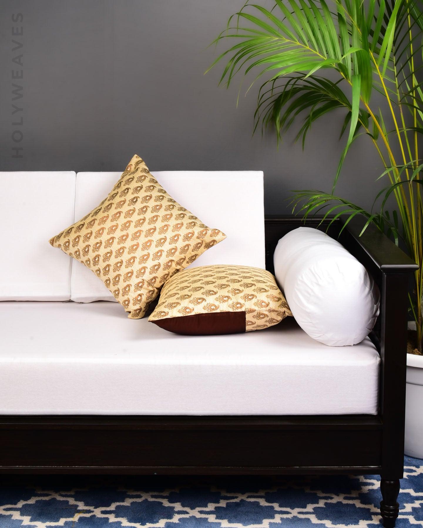 Beige Paisley Brocade Woven Poly Silk Cushion Cover 16" - By HolyWeaves, Benares