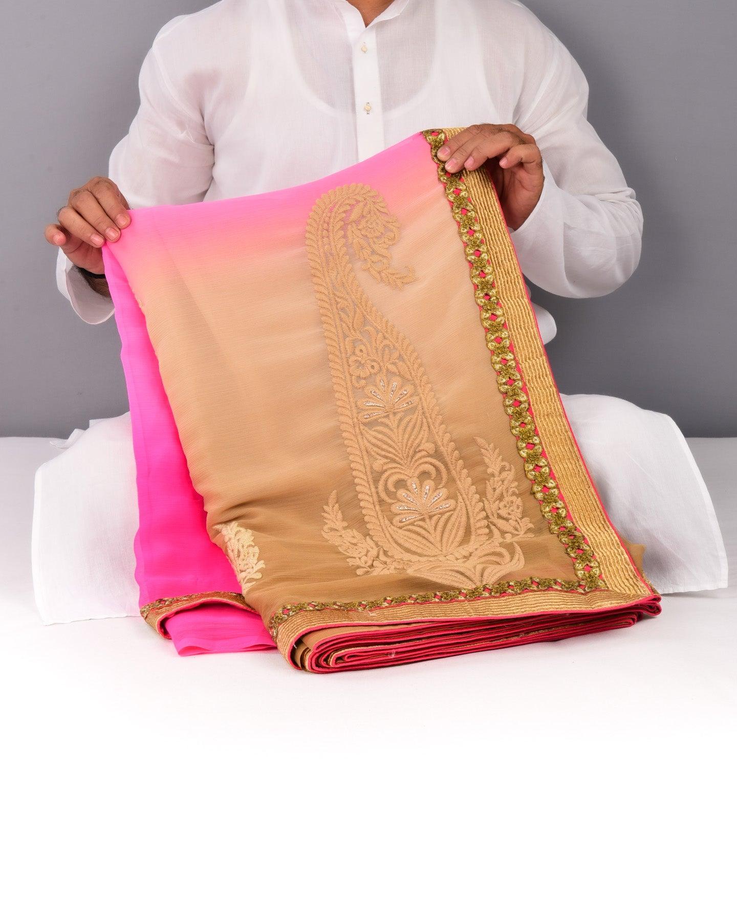 Beige-Pink Hand-embroidered Chiffon Saree - By HolyWeaves, Benares
