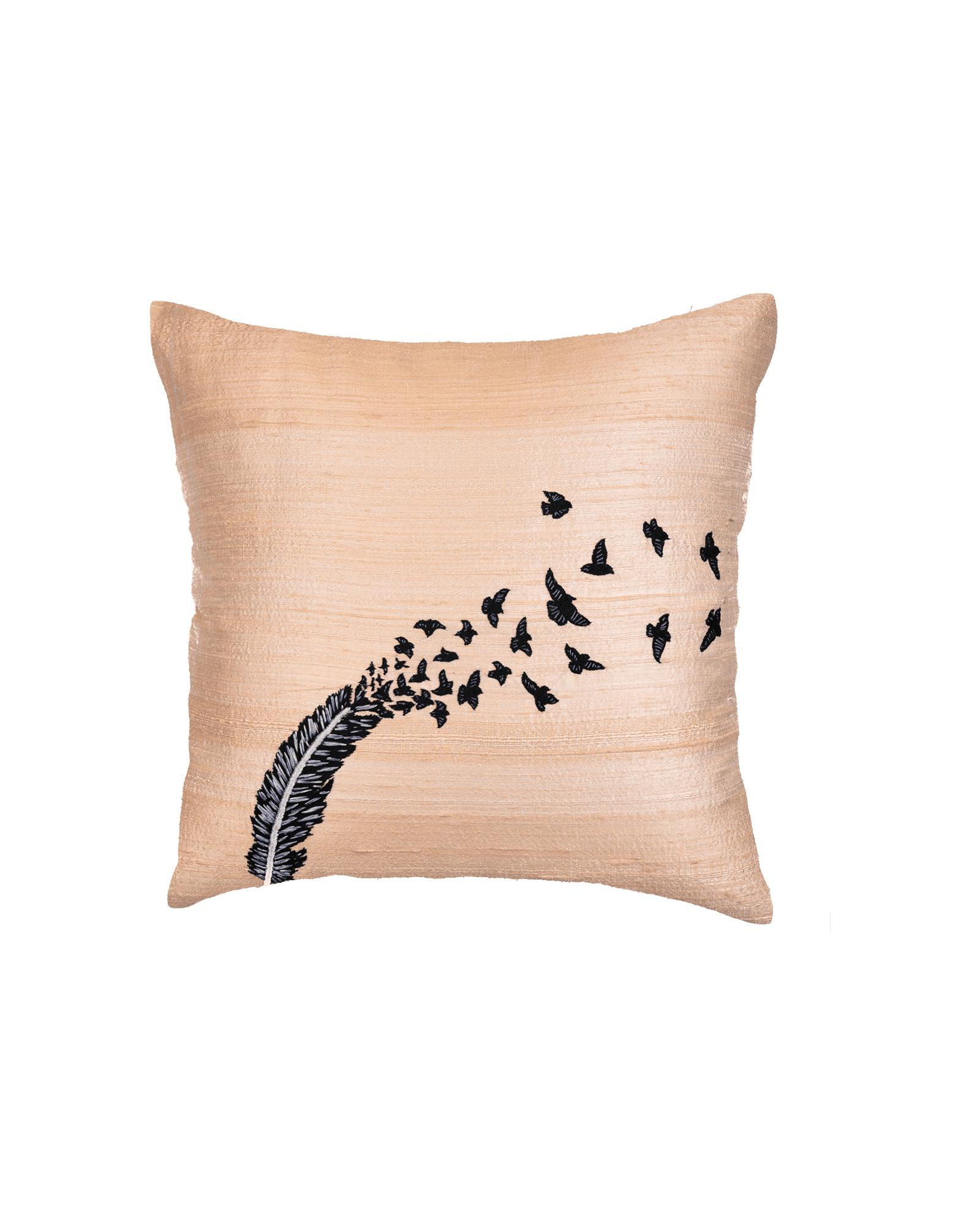 Beige Premium Hand-embroidered Raw Silk Centrepiece Cushion Cover 16" - By HolyWeaves, Benares