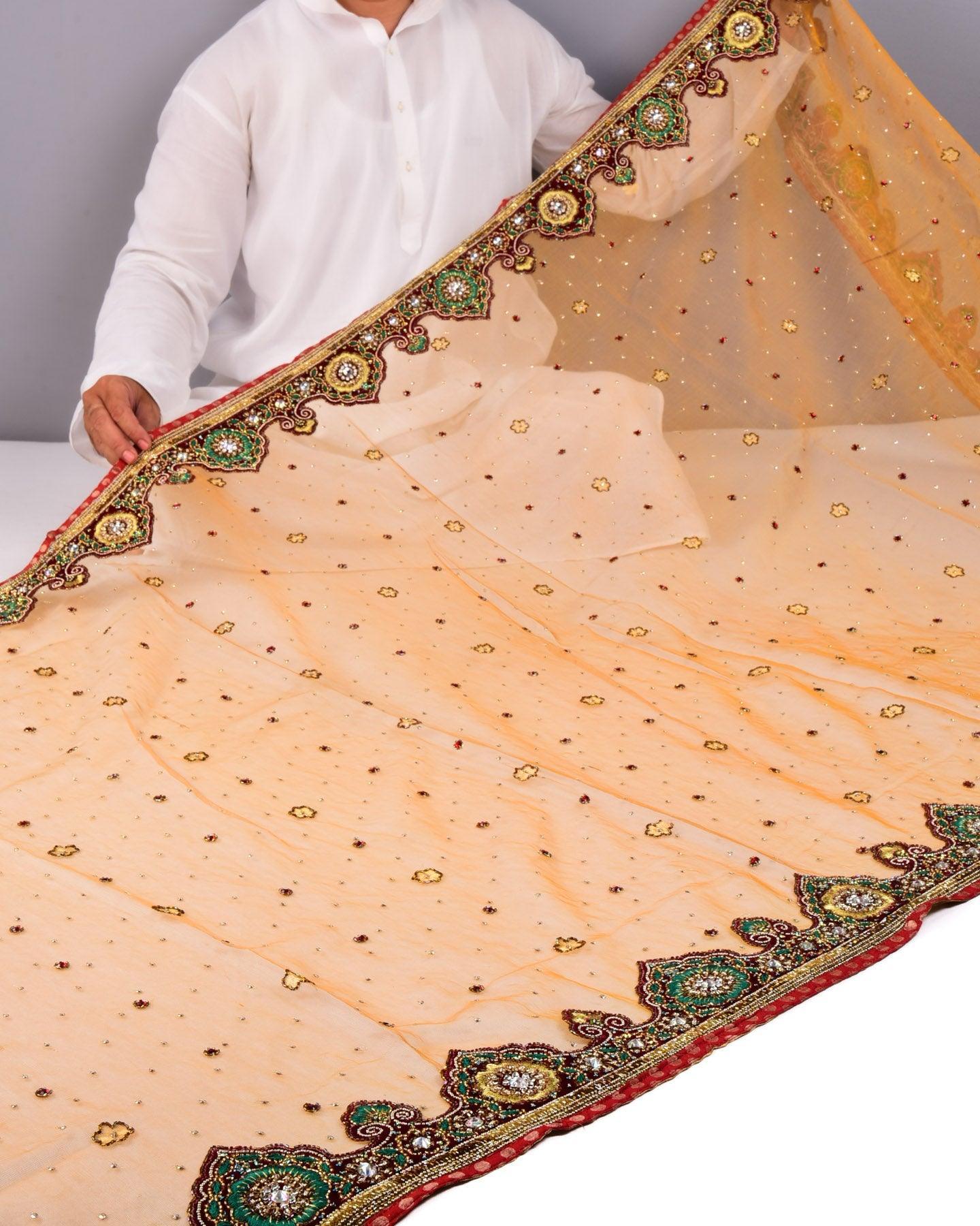 Beige-Red Hand-embroidered Handloom Net Saree - By HolyWeaves, Benares