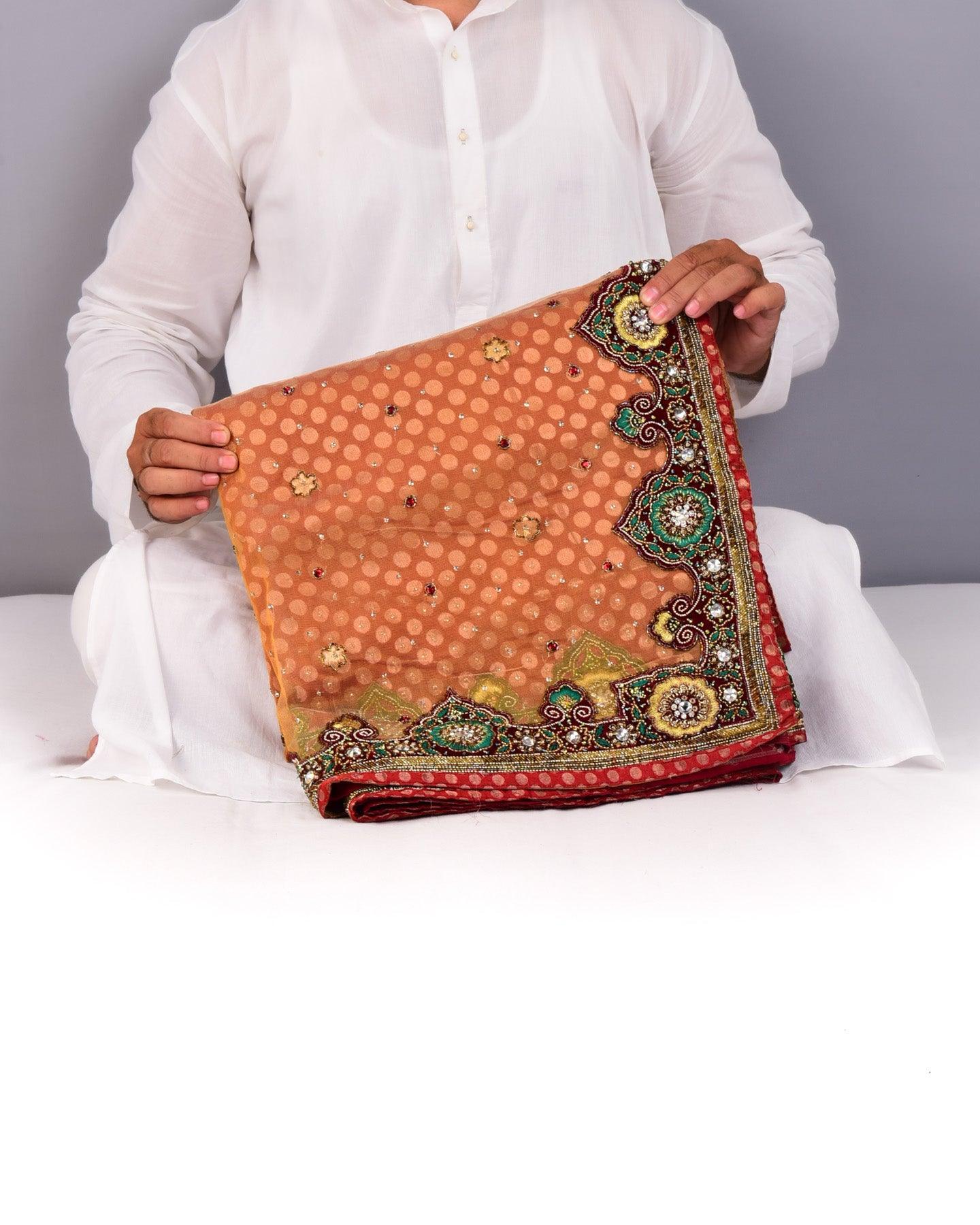 Beige-Red Hand-embroidered Handloom Net Saree - By HolyWeaves, Benares