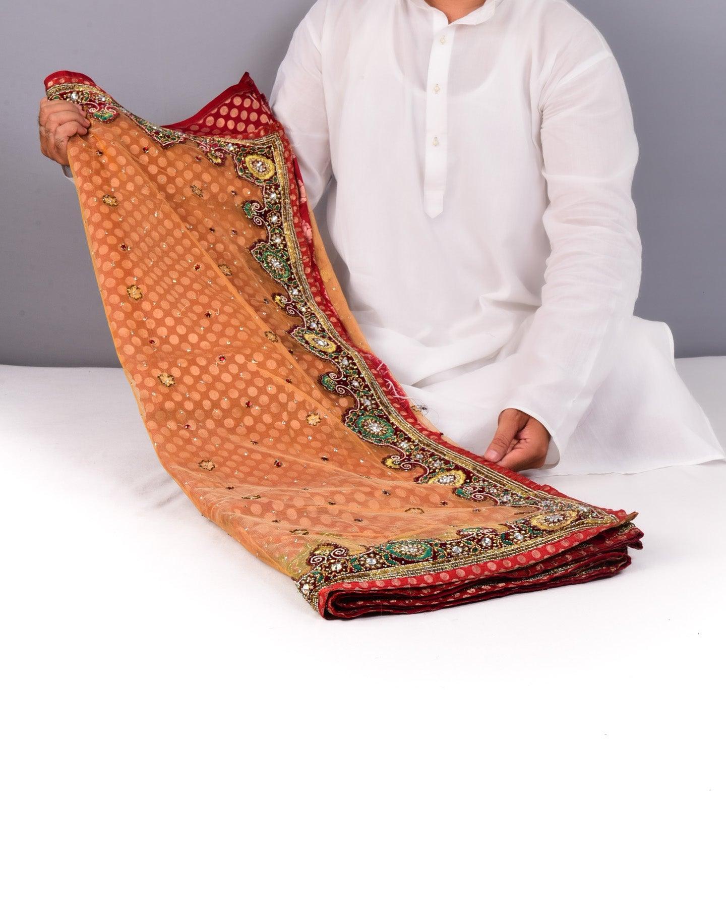 Beige-Red Hand-embroidered Handloom Net Saree - By HolyWeaves, Benares