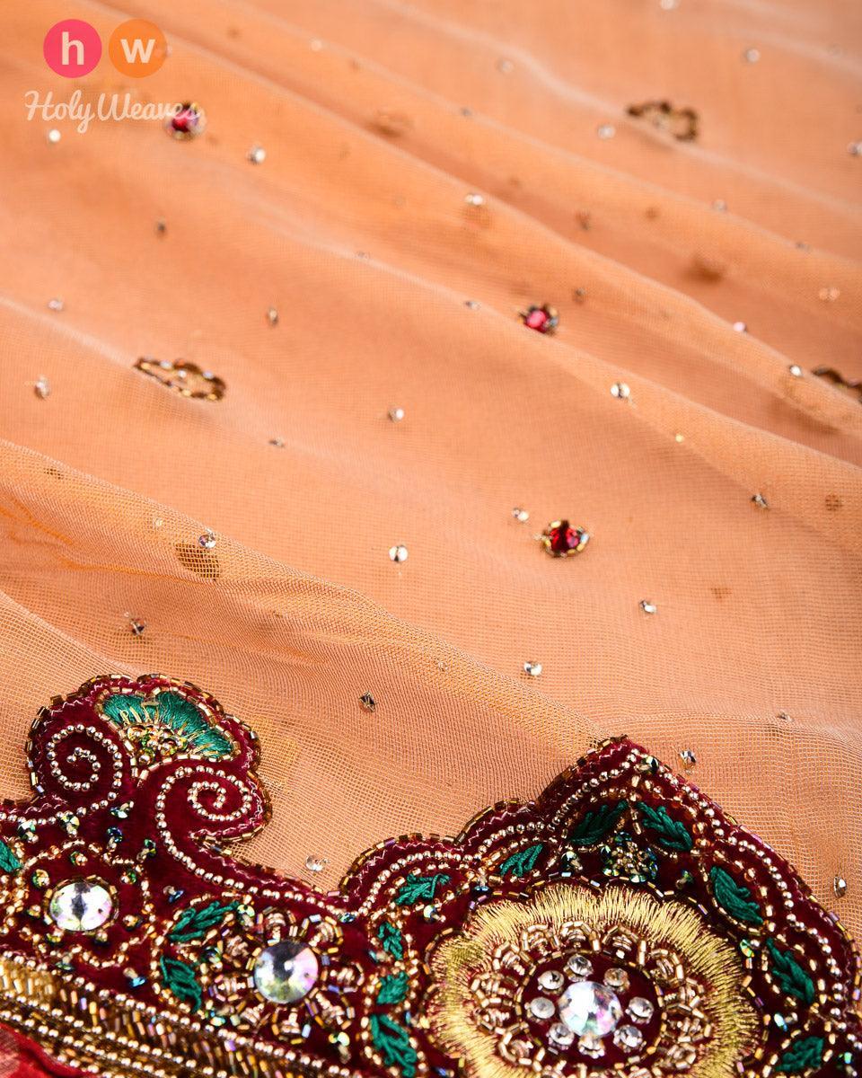 Beige-Red Hand-embroidered Handloom Net Saree - By HolyWeaves, Benares