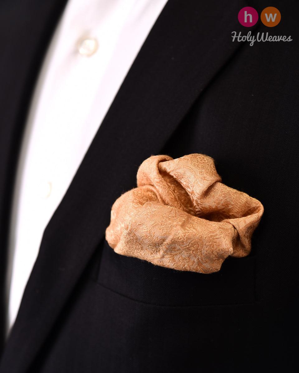 Beige Tanchoi Brocade Handwoven Pure Silk Pocket Square For Men - By HolyWeaves, Benares