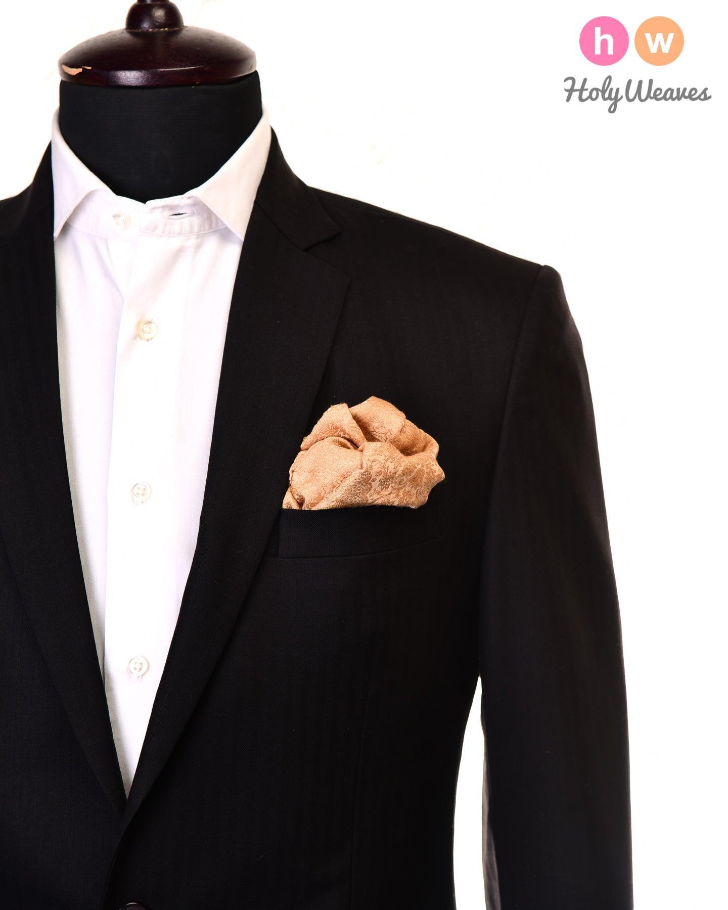 Beige Tanchoi Brocade Handwoven Pure Silk Pocket Square For Men - By HolyWeaves, Benares