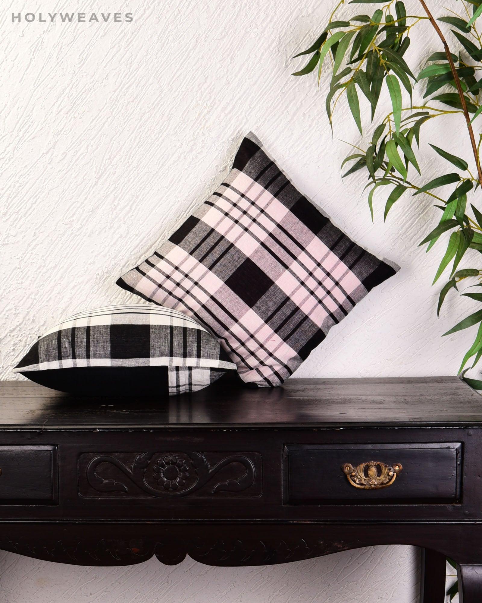 Black & White Checks Linen Cotton Cushion Cover 16" - By HolyWeaves, Benares
