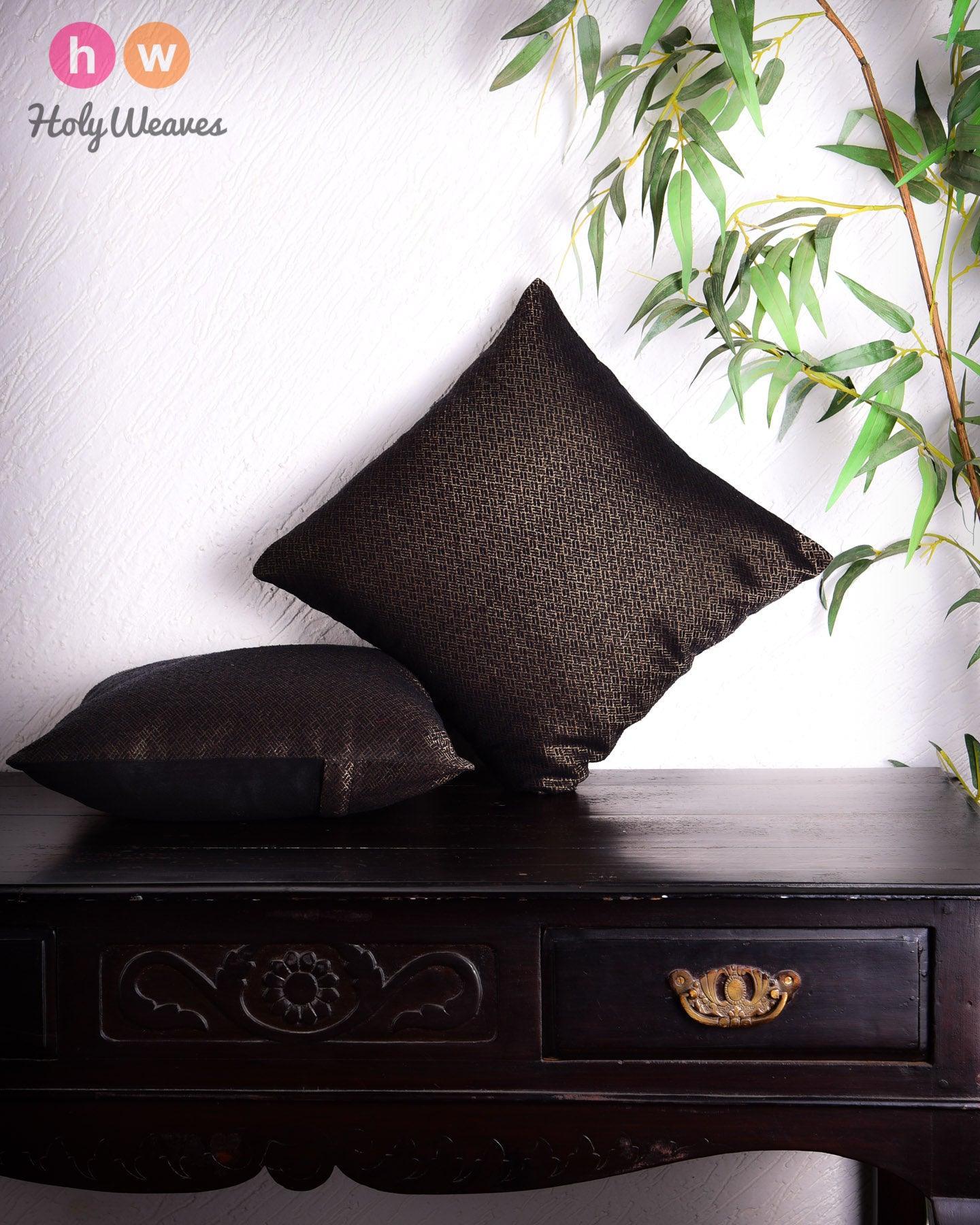Black Antique Jacquarrd Noile Silk Cushion Cover 16" - By HolyWeaves, Benares