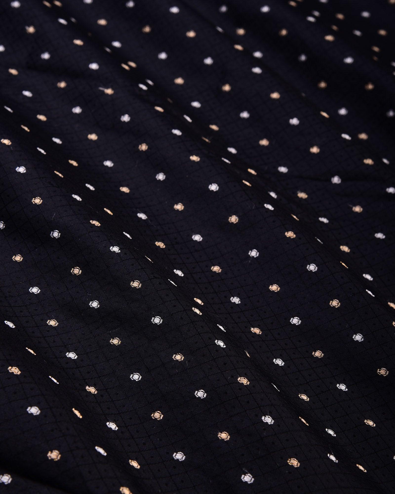 Black Banarasi Alfi Sona Rupa Tanchoi Brocade Handwoven Katan Silk Fabric - By HolyWeaves, Benares