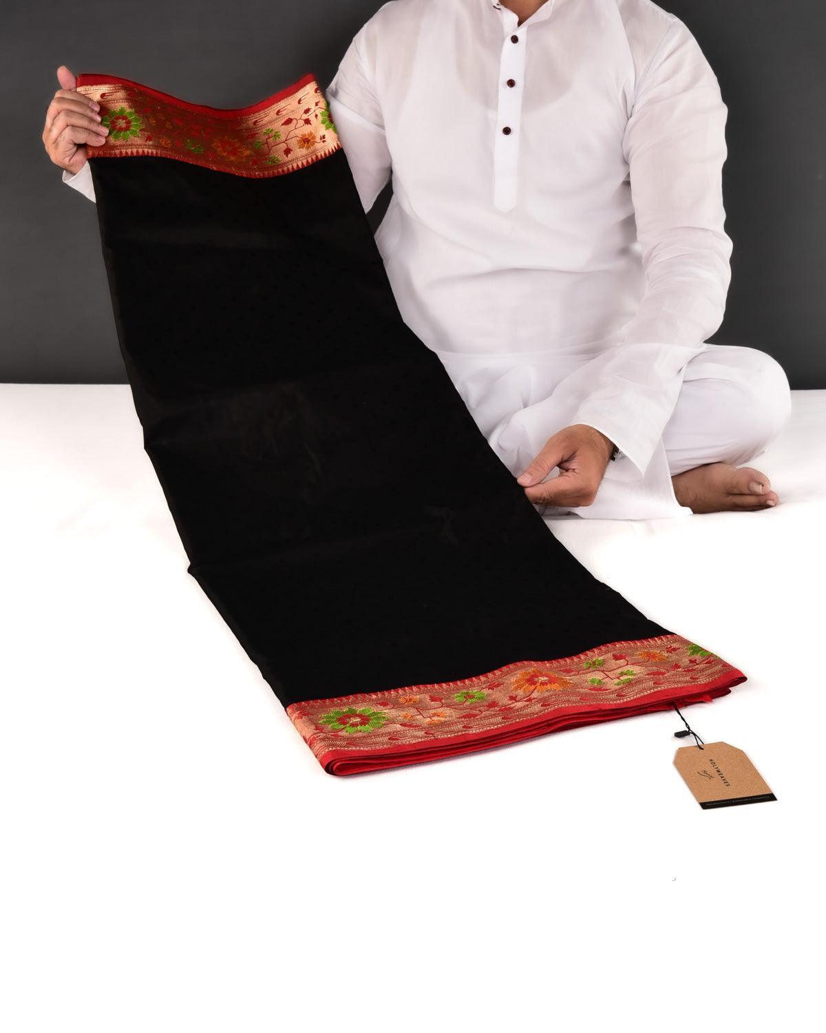Black Banarasi Resham Buti Tanchoi Brocade Handwoven Katan Silk Saree - By HolyWeaves, Benares