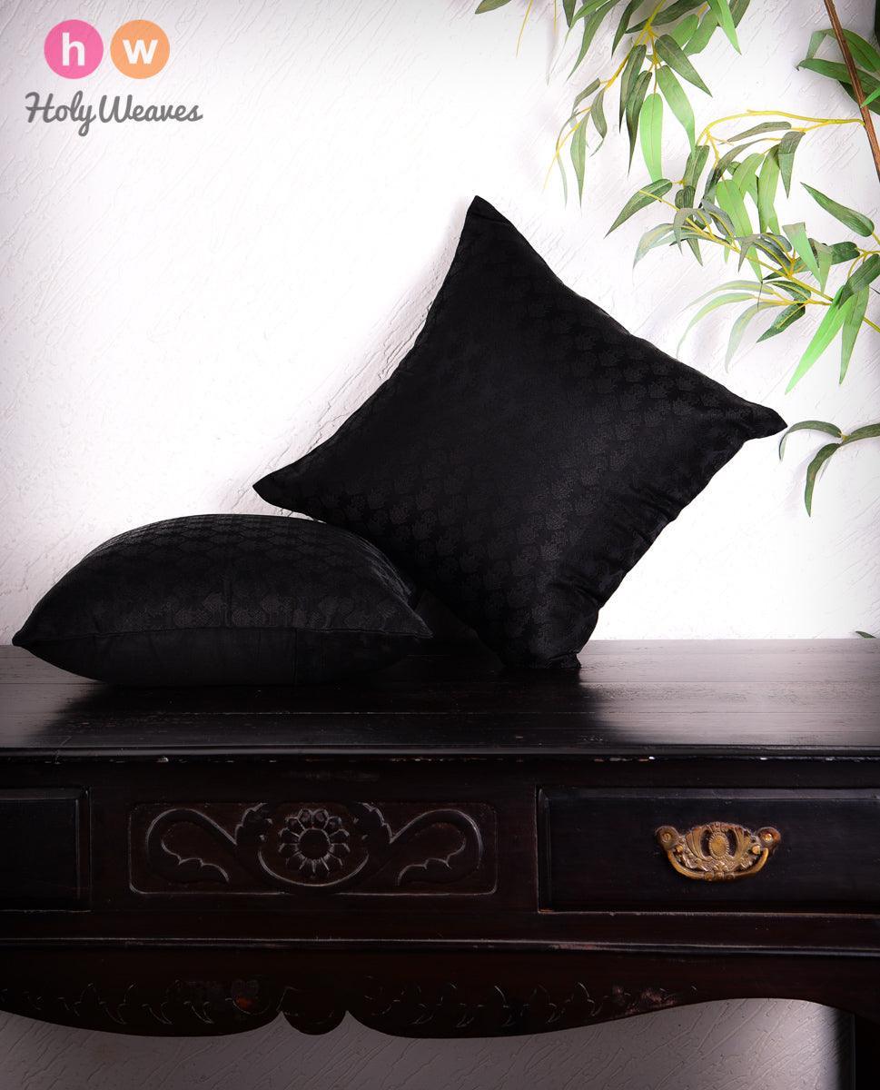Black Banarasi Satin Tanchoi Poly Silk Cushion Cover 16" - By HolyWeaves, Benares