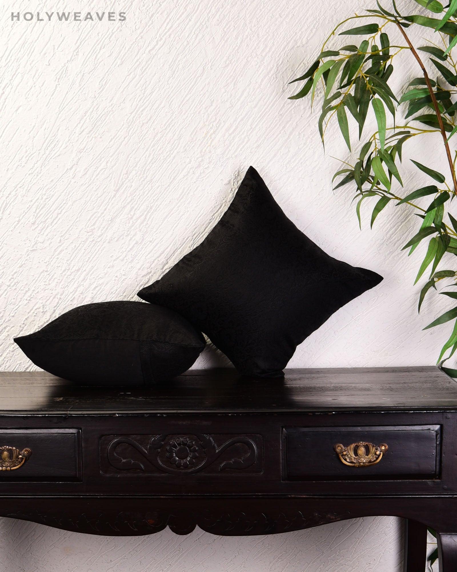 Black Banarasi Tanchoi Poly Silk Cushion Cover 16" - By HolyWeaves, Benares
