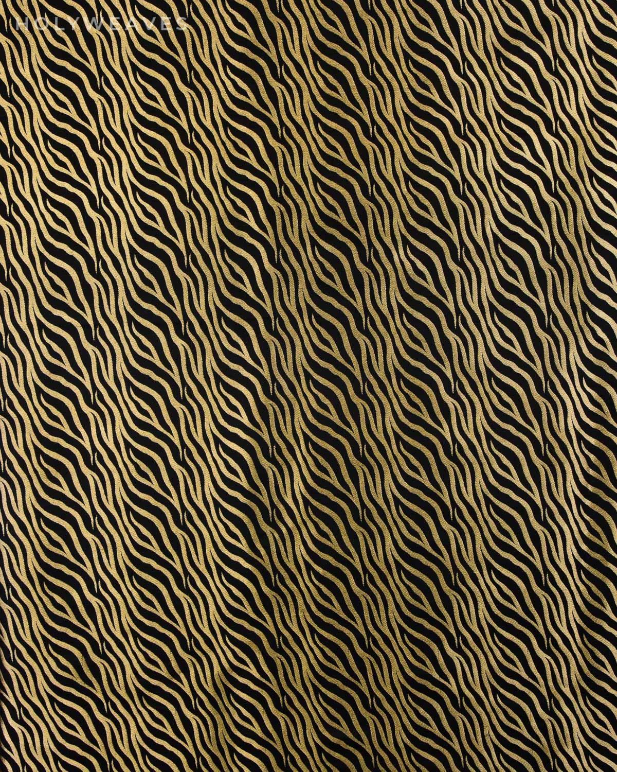 Black Banarasi Zebra Zari Stripes Brocade Handwoven Katan Silk Fabric - By HolyWeaves, Benares