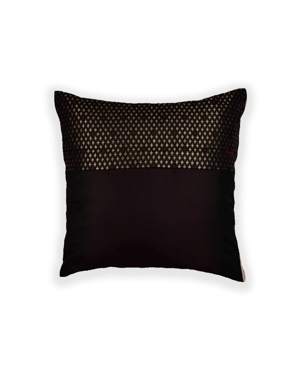 Black Brocade Woven Poly Cotton Silk Cushion Cover with Satin Back 16" - By HolyWeaves, Benares