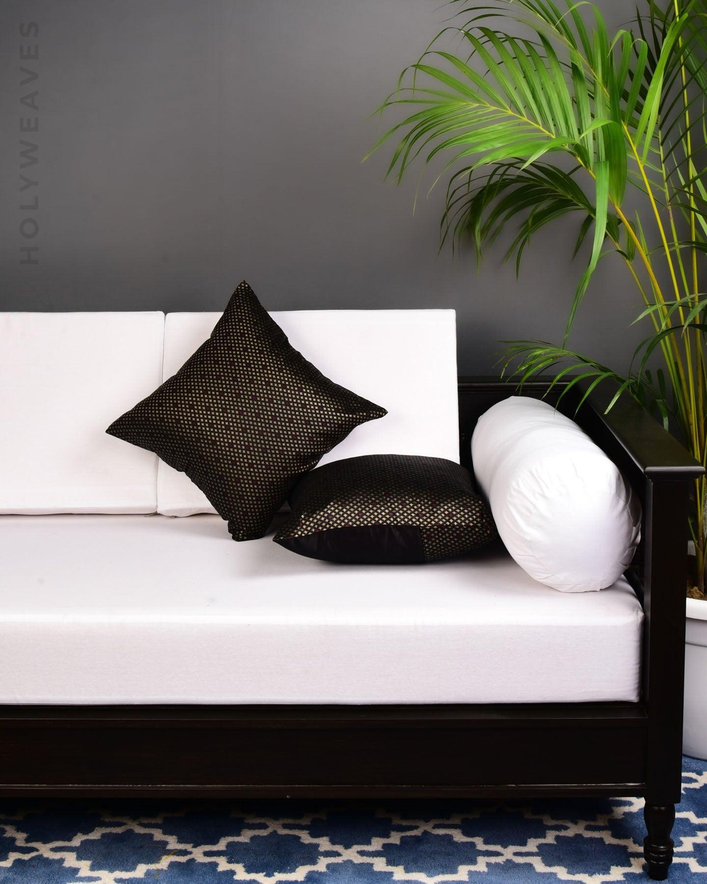 Black Brocade Woven Poly Cotton Silk Cushion Cover with Satin Back 16" - By HolyWeaves, Benares