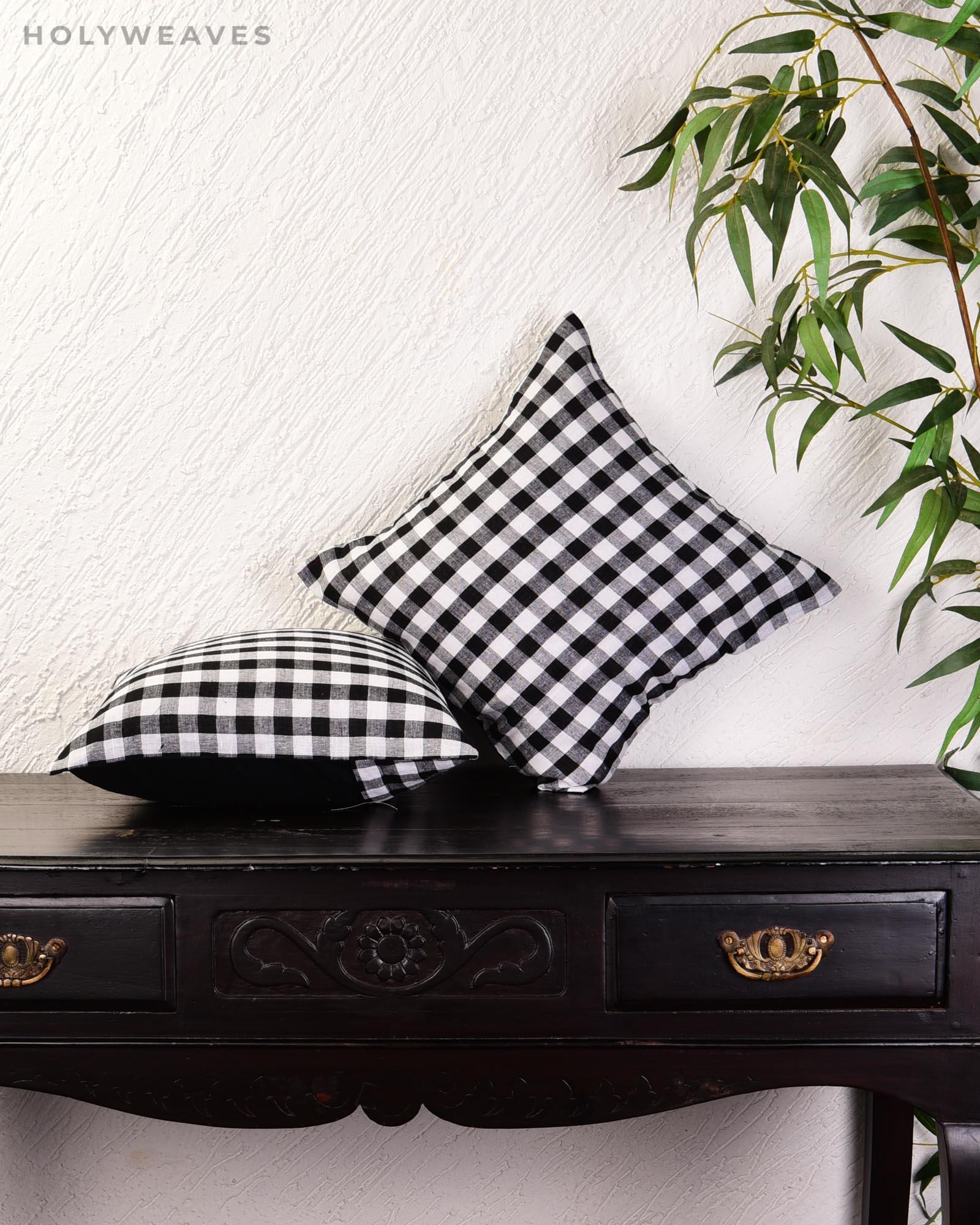 Black Gingham Checks Linen Cotton Cushion Cover 16" - By HolyWeaves, Benares