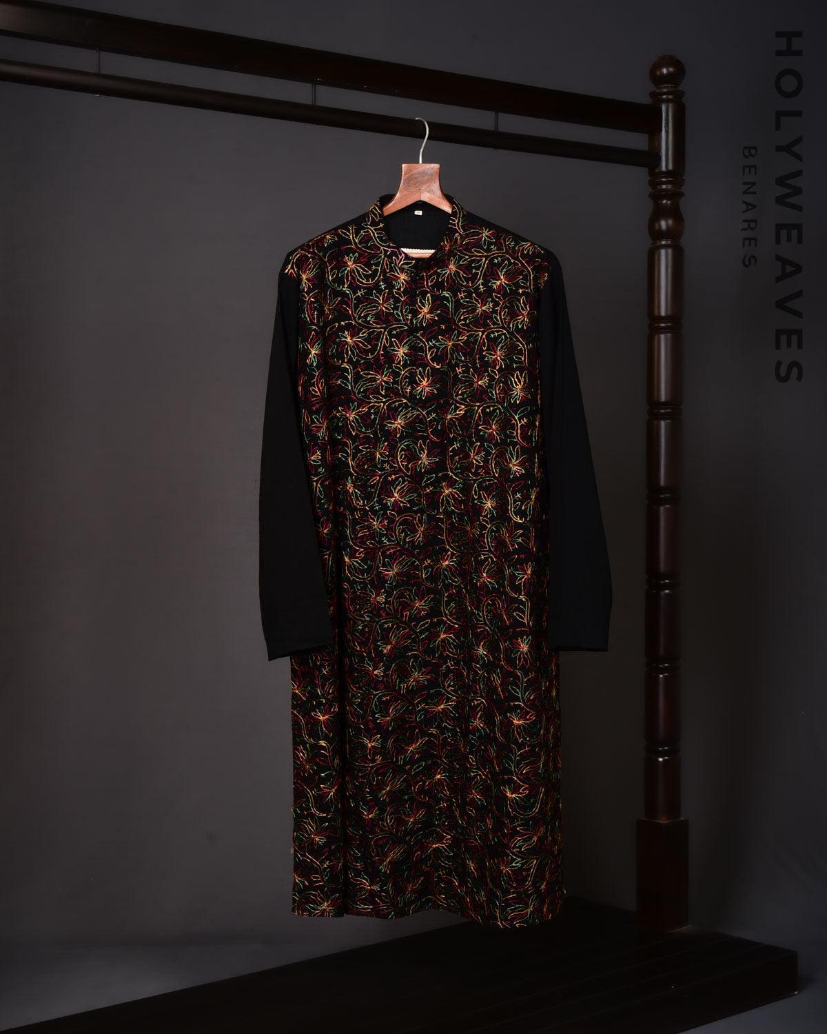 Black Hand-embroidered Cotton Mens Kurta Pyjama - By HolyWeaves, Benares