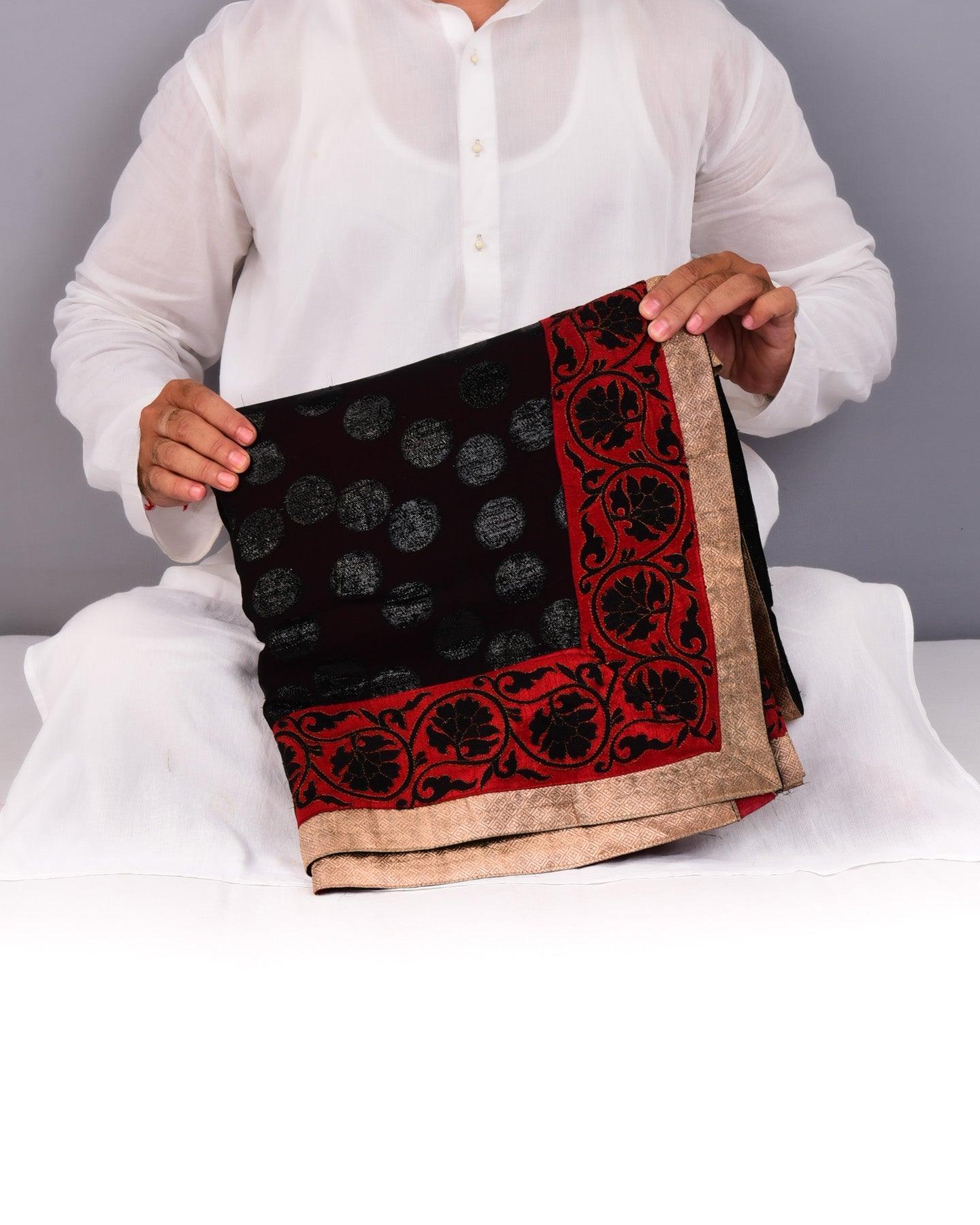 Black Hand-embroidered Handloom Net Saree - By HolyWeaves, Benares