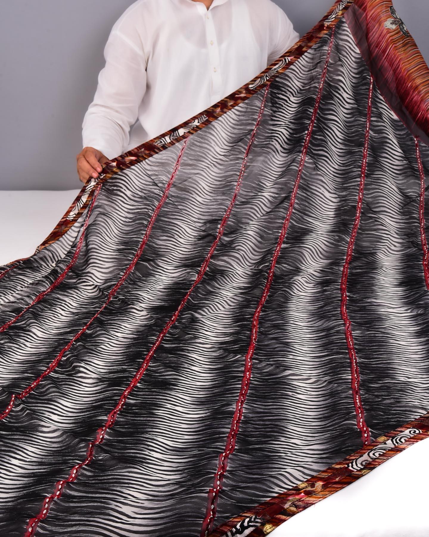 Black Printed Hand-embroidered Georgette Saree - By HolyWeaves, Benares