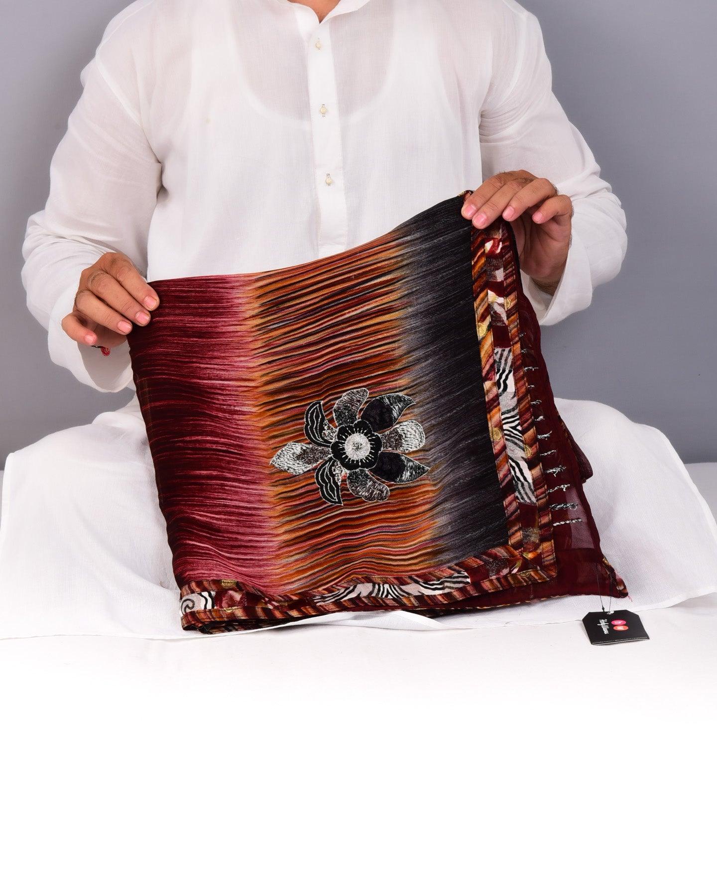 Black Printed Hand-embroidered Georgette Saree - By HolyWeaves, Benares