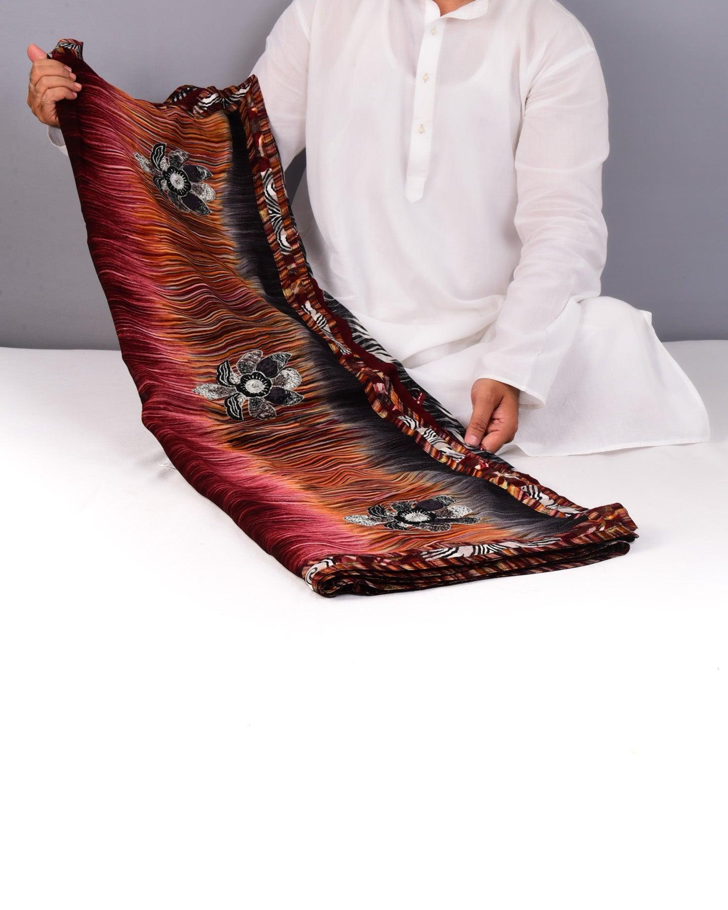 Black Printed Hand-embroidered Georgette Saree - By HolyWeaves, Benares