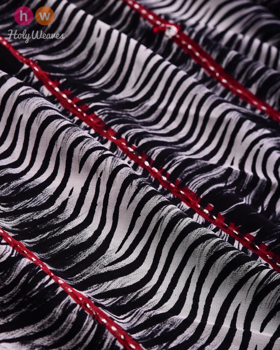 Black Printed Hand-embroidered Georgette Saree - By HolyWeaves, Benares