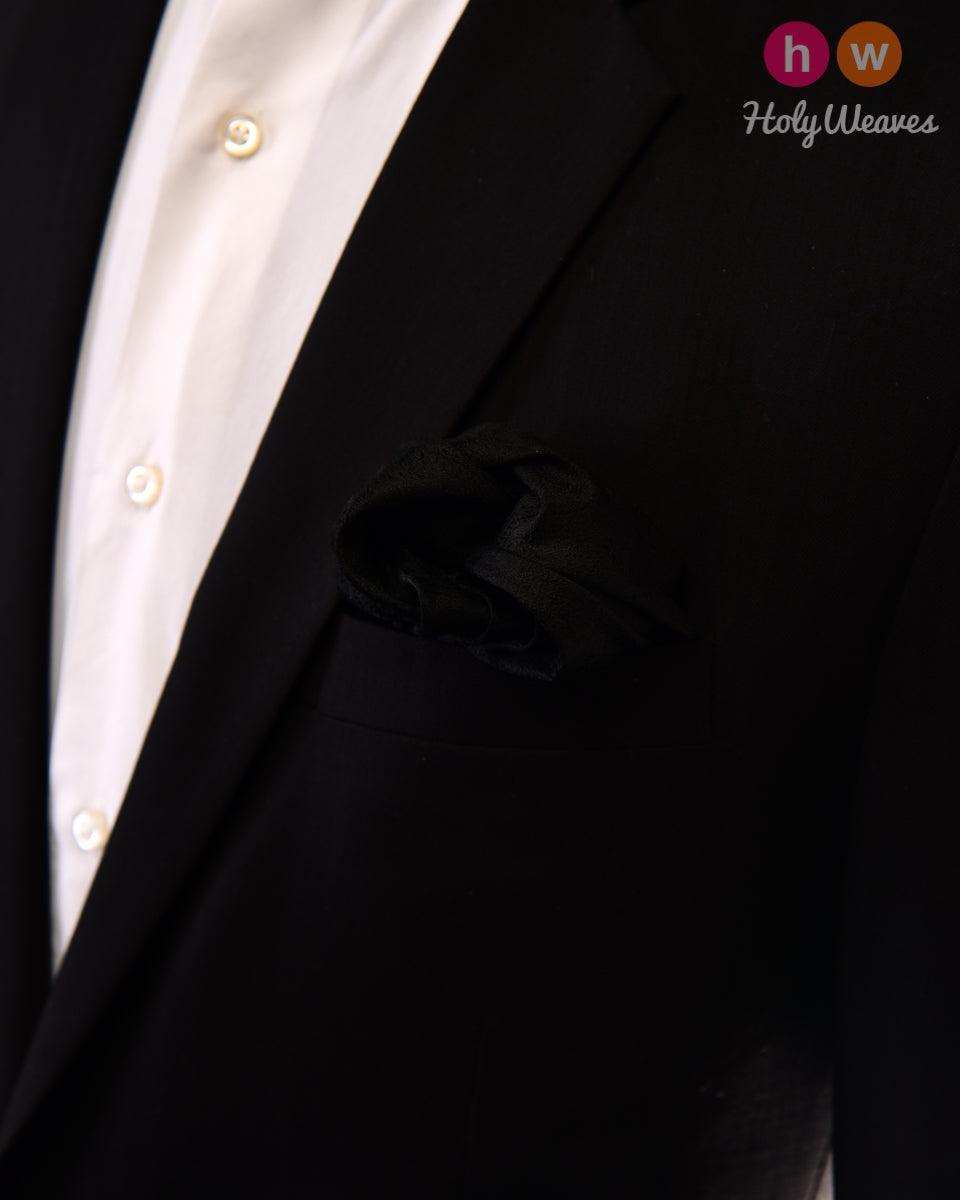 Black Tanchoi Handwoven Pure Silk Pocket Square For Men - By HolyWeaves, Benares