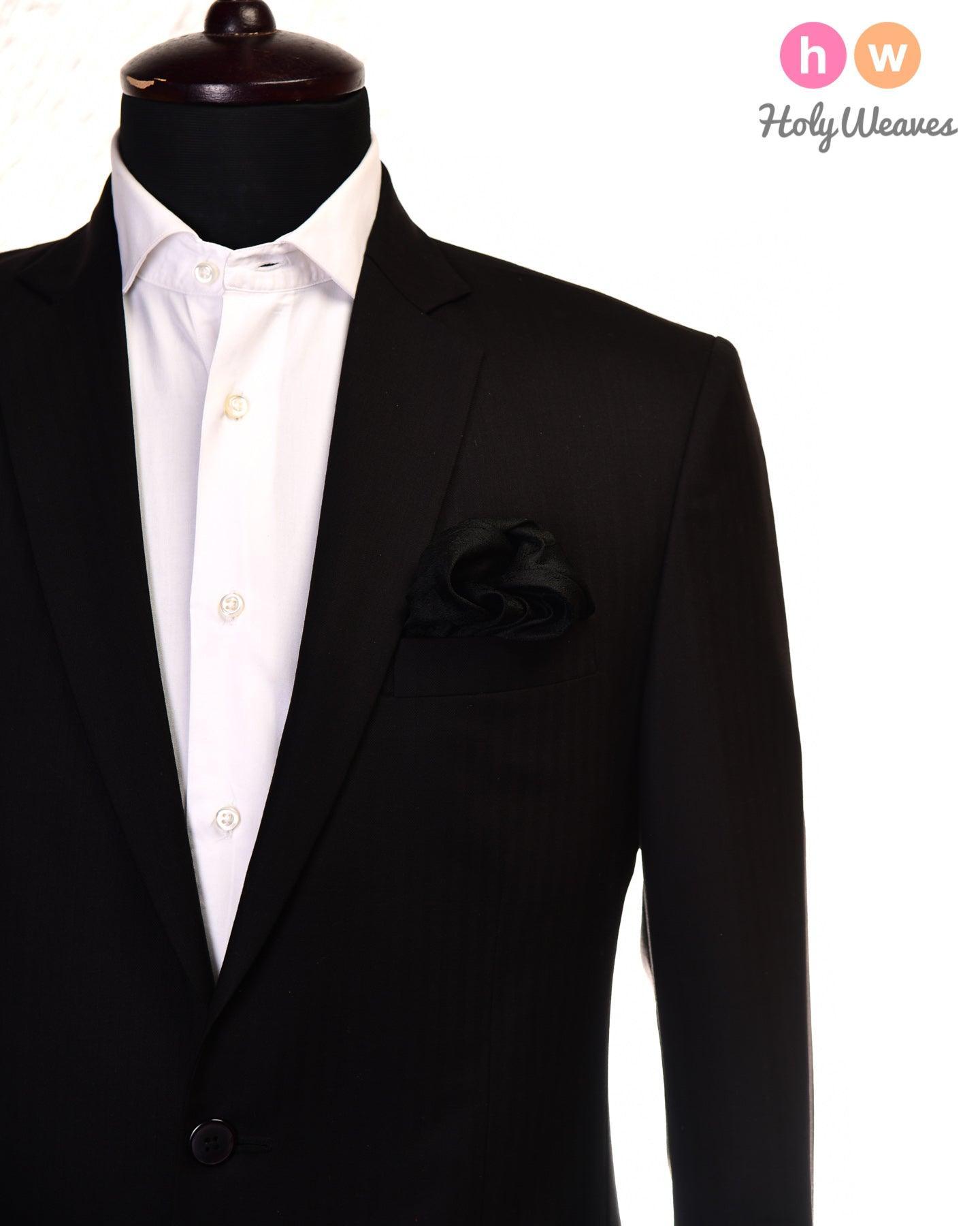 Black Tanchoi Handwoven Pure Silk Pocket Square For Men - By HolyWeaves, Benares