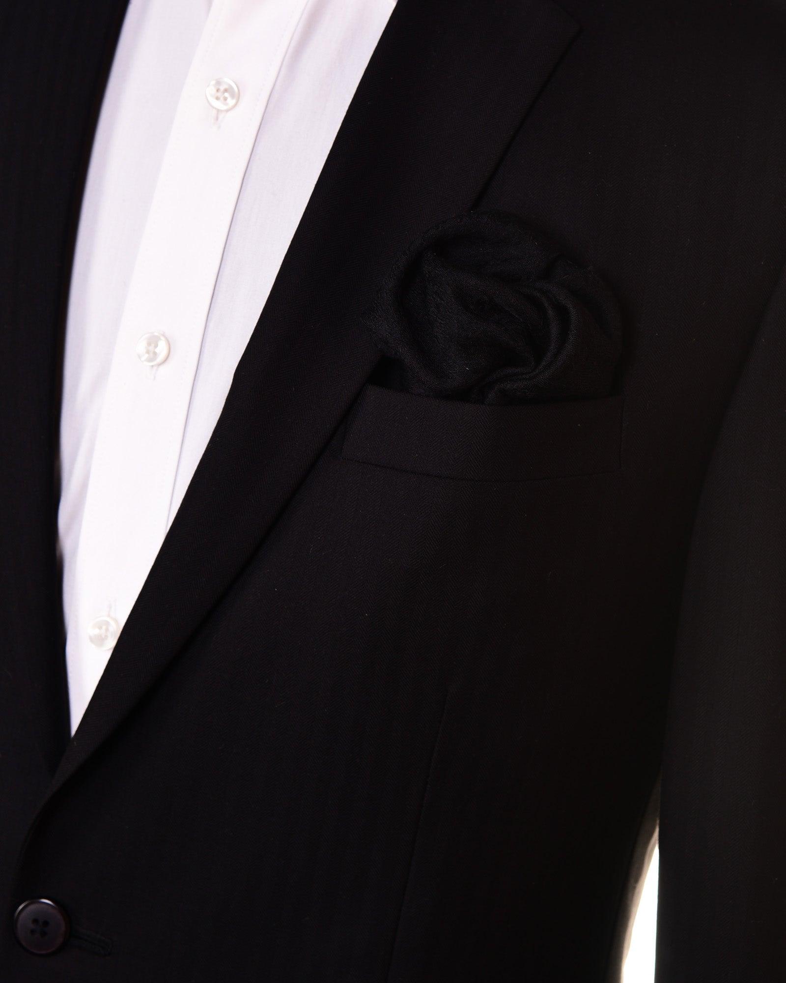 Black Tanchoi Handwoven Pure Silk-Wool Pocket Square For Men - By HolyWeaves, Benares