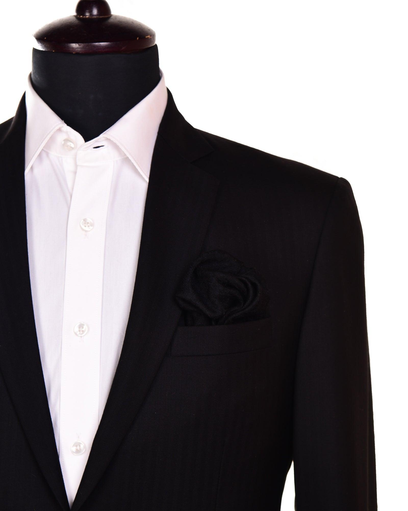 Black Tanchoi Handwoven Pure Silk-Wool Pocket Square For Men - By HolyWeaves, Benares