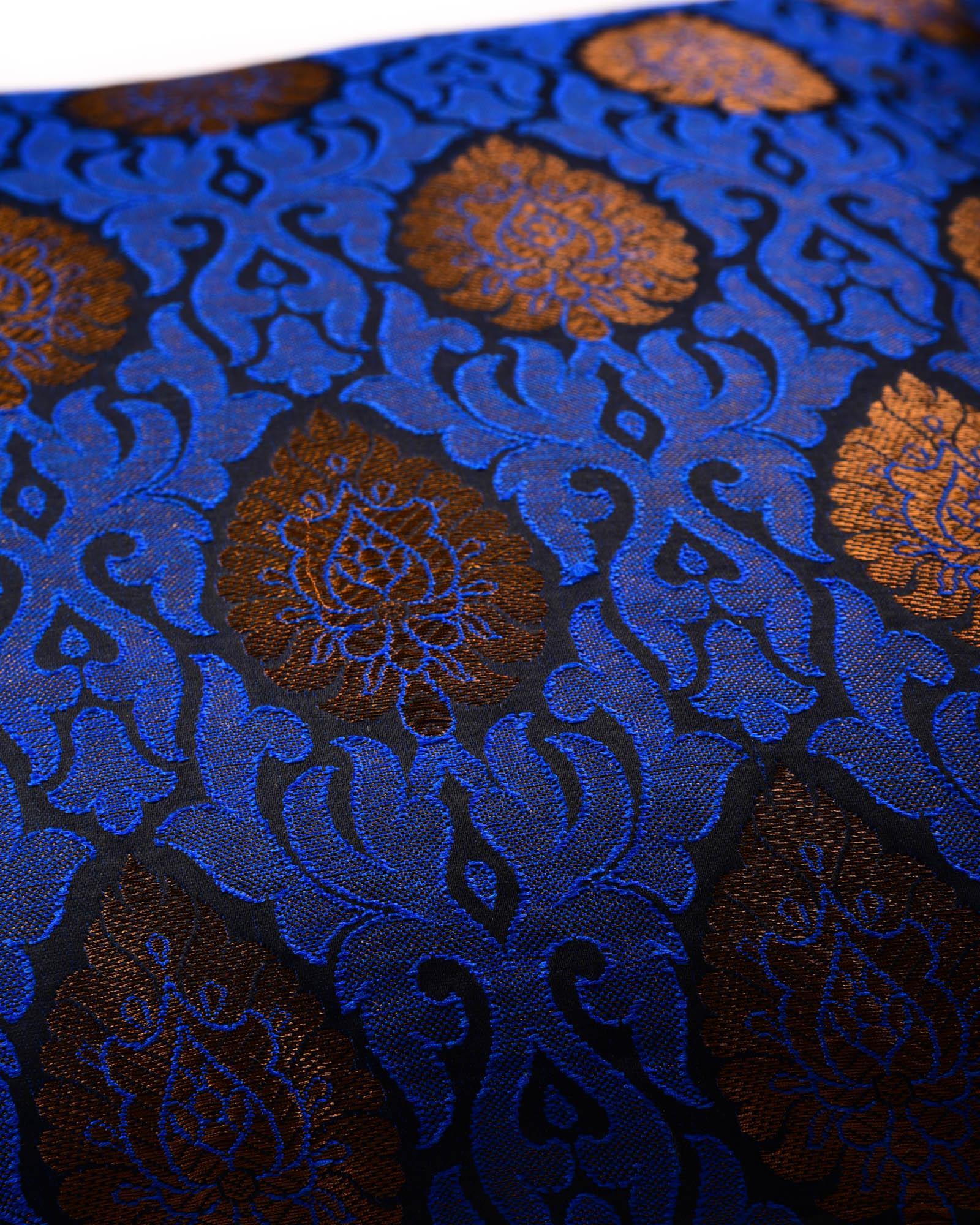 Blue Banarasi Brocade Poly Silk Cushion Cover 16" - By HolyWeaves, Benares