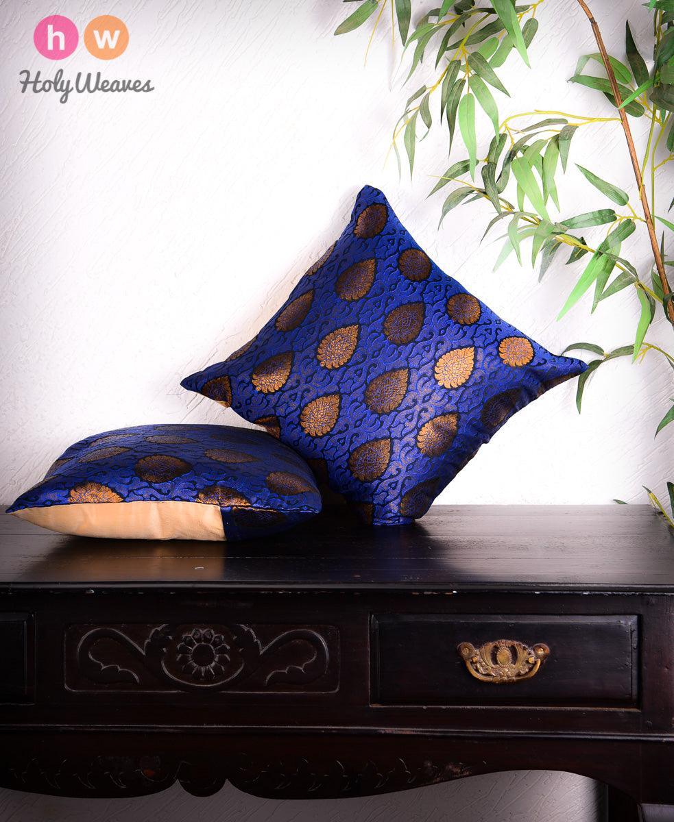 Blue Banarasi Brocade Poly Silk Cushion Cover 16" - By HolyWeaves, Benares