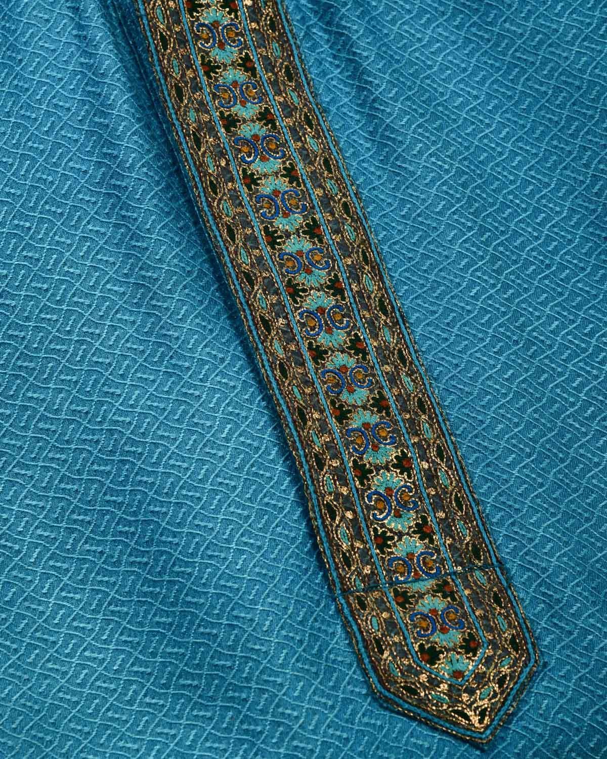 Blue Banarasi Hand-embroidered Cotton Silk Mens Kurta Pyjama - By HolyWeaves, Benares