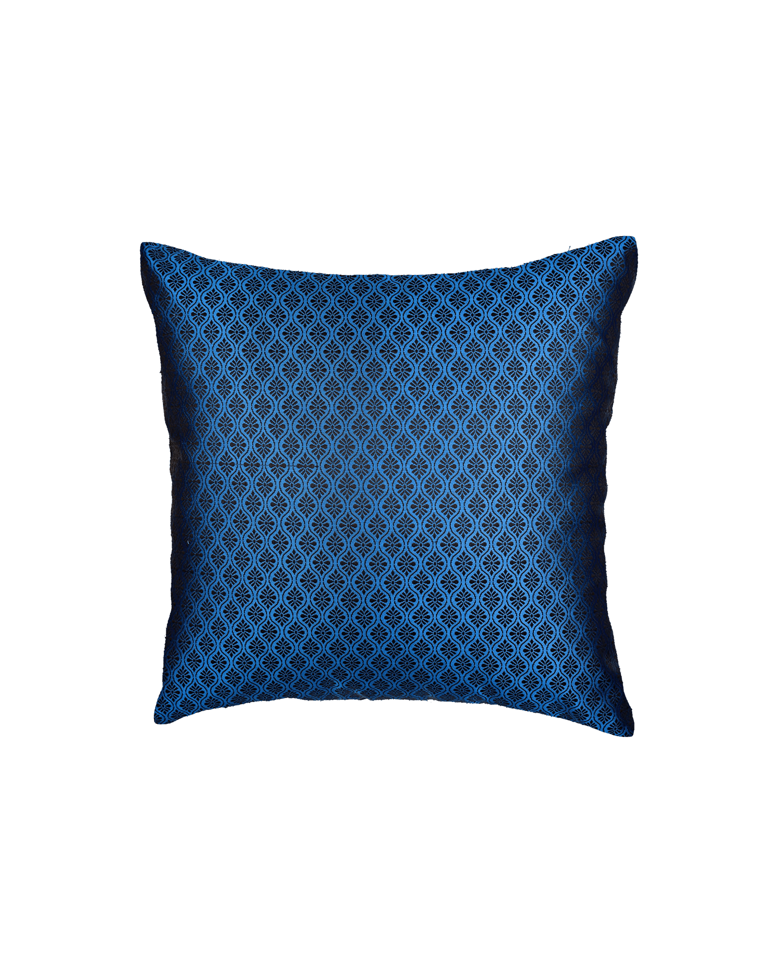Blue Banarasi Jacquard Poly Silk Cushion Cover 16" - By HolyWeaves, Benares