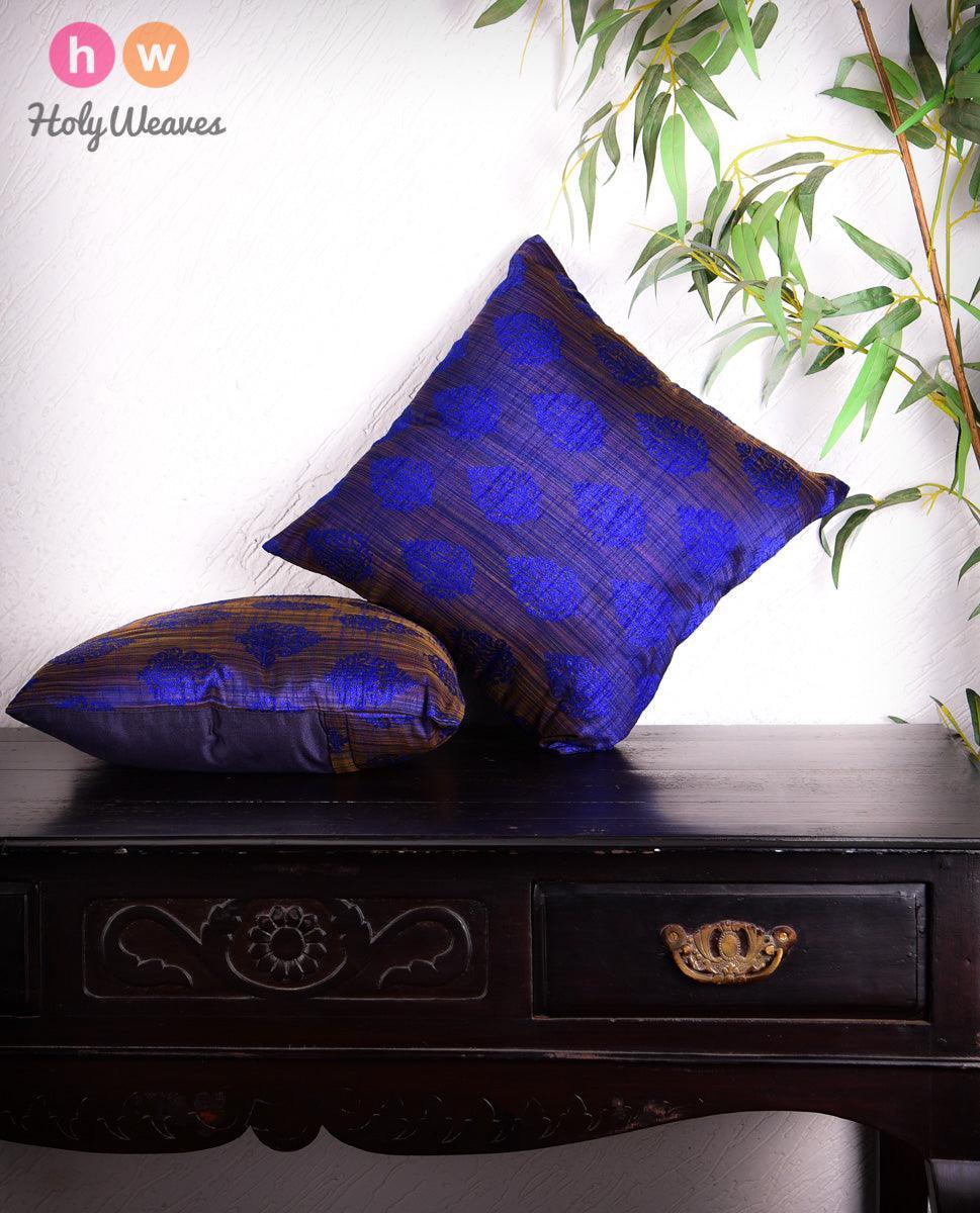 Blue Banarasi Jharna Jacquard Poly Dupion Cushion Cover 16" - By HolyWeaves, Benares