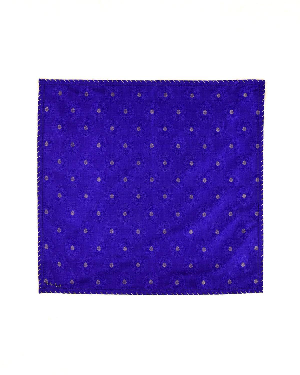 Blue Banarasi Tanchoi Handwoven Silk Pocket Square with Gold Zari Accents - By HolyWeaves, Benares