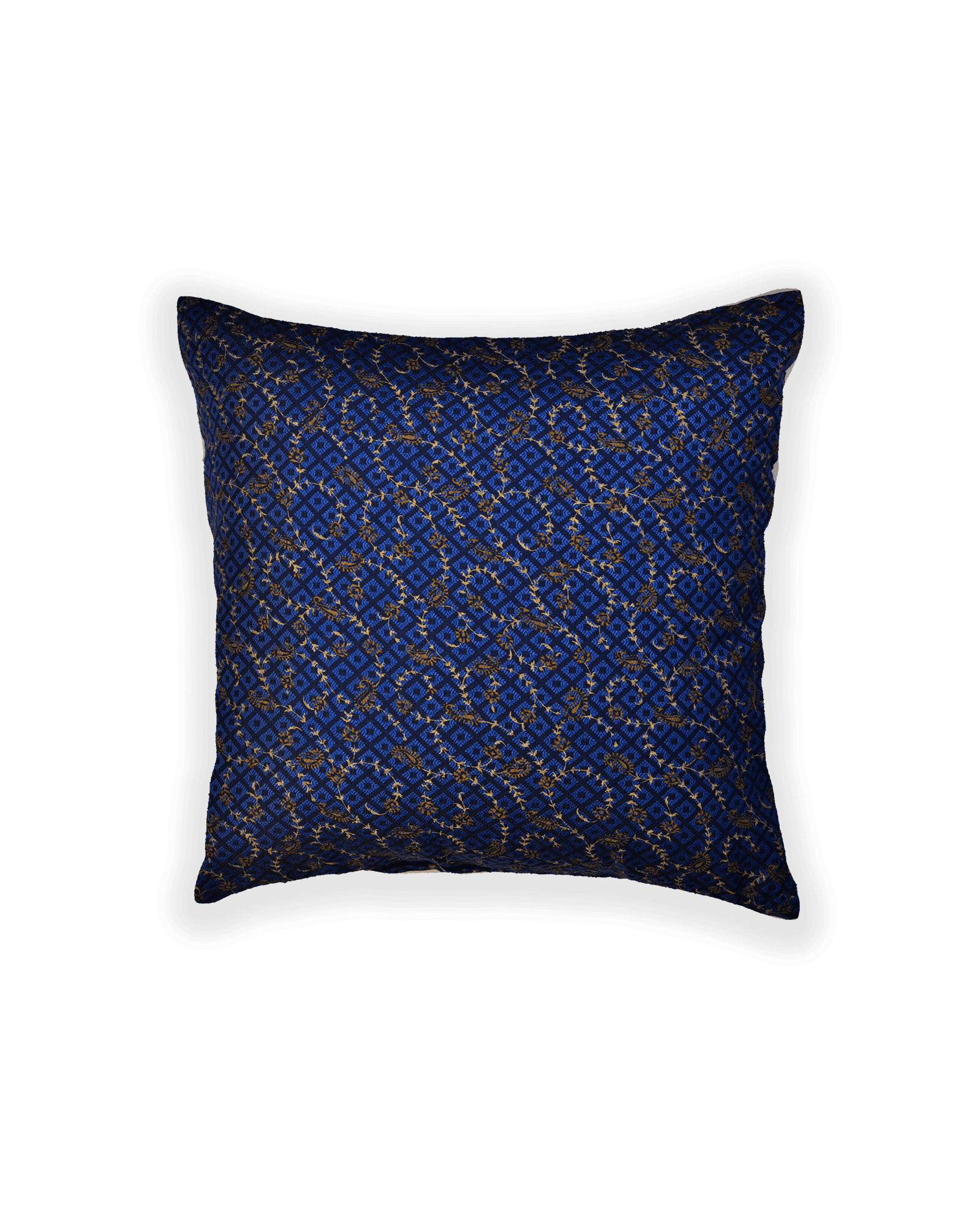Blue Banarasi Tanchoi Poly Cotton Cushion Cover 16" - By HolyWeaves, Benares